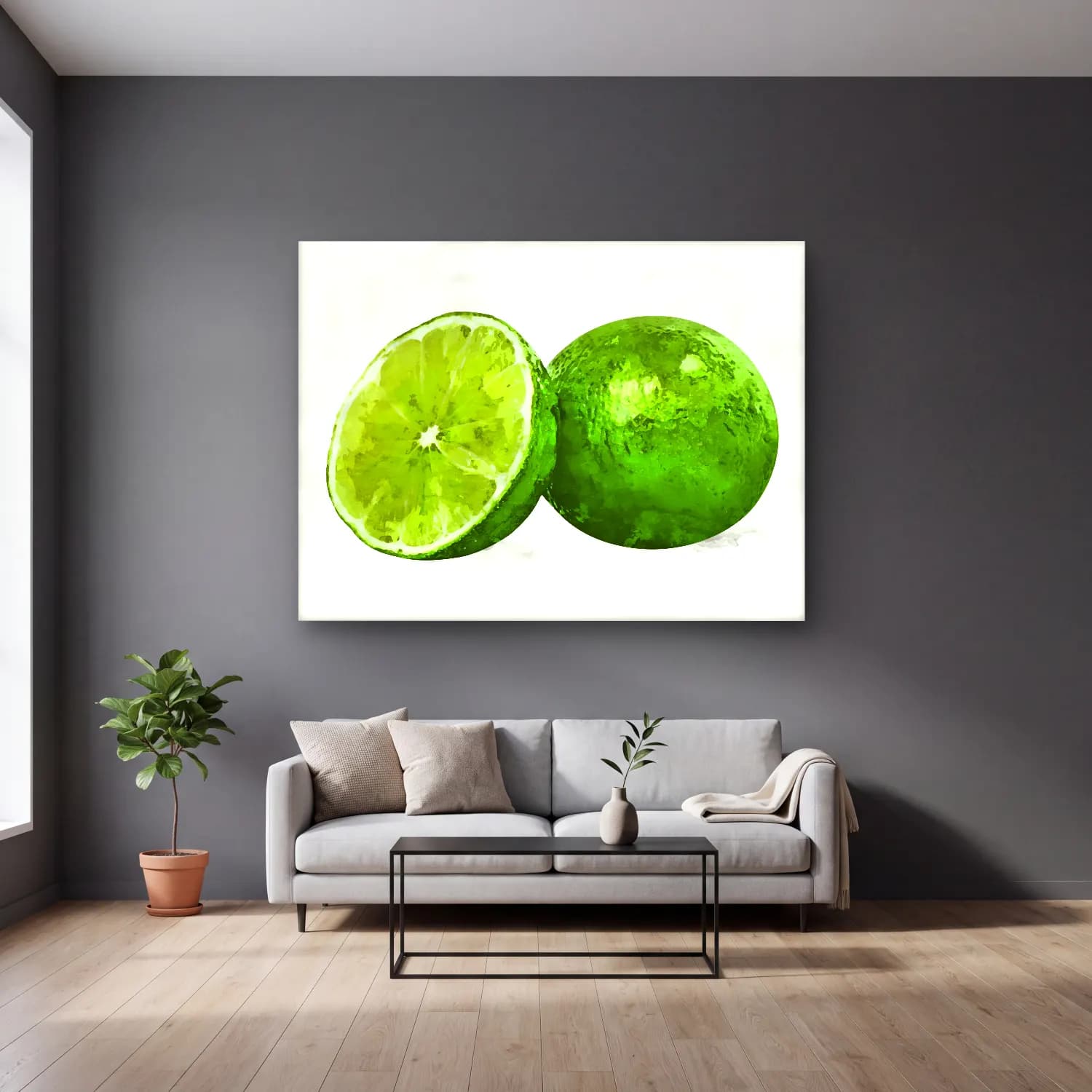 Suluboya Limonlar – Yeşil Tonlar cam tablo — gri duvarlı salonda