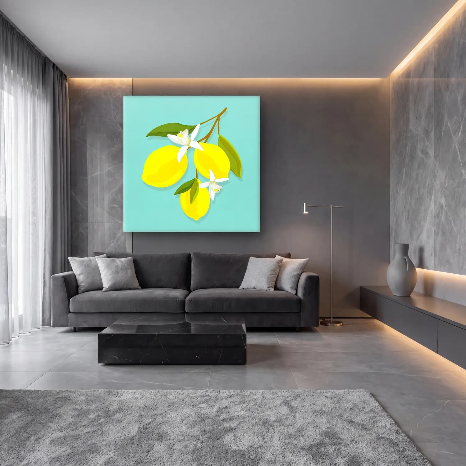 Botanik İllüstrasyon Limon Dalı No. 9 cam tablo — lüks salon duvarında