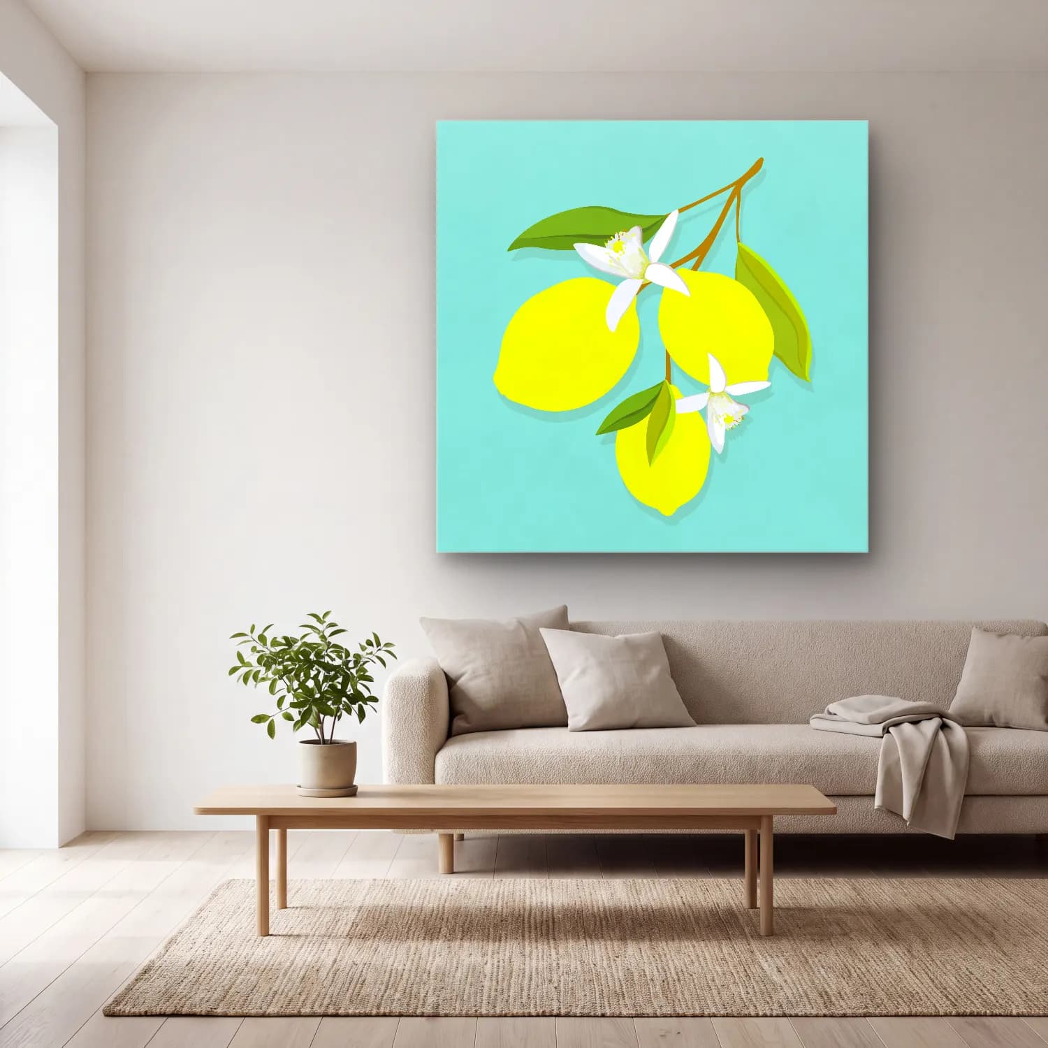 Botanik İllüstrasyon Limon Dalı No. 9 cam tablo — açık renk salonda