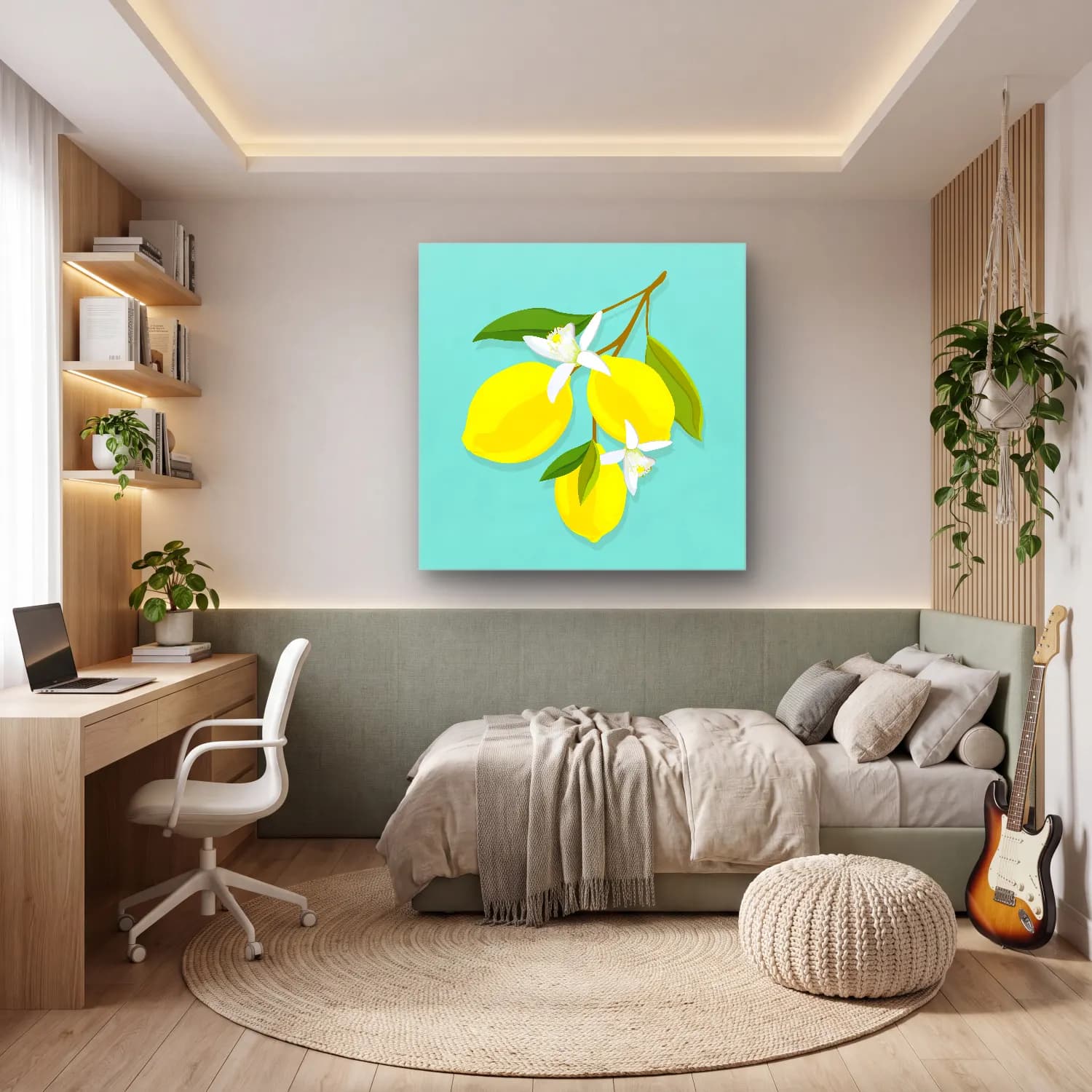 Botanik İllüstrasyon Limon Dalı No. 9 cam tablo — genç odasında