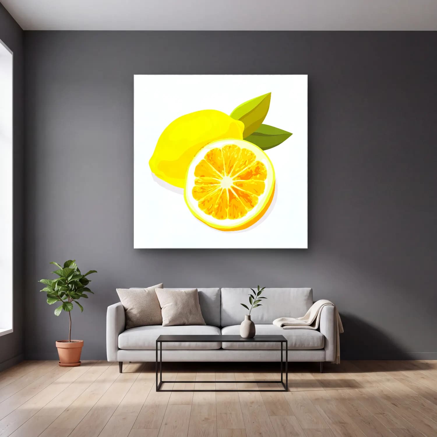 Sevimli İllüstrasyon Limonlar No. 3 cam tablo — gri duvarlı salonda