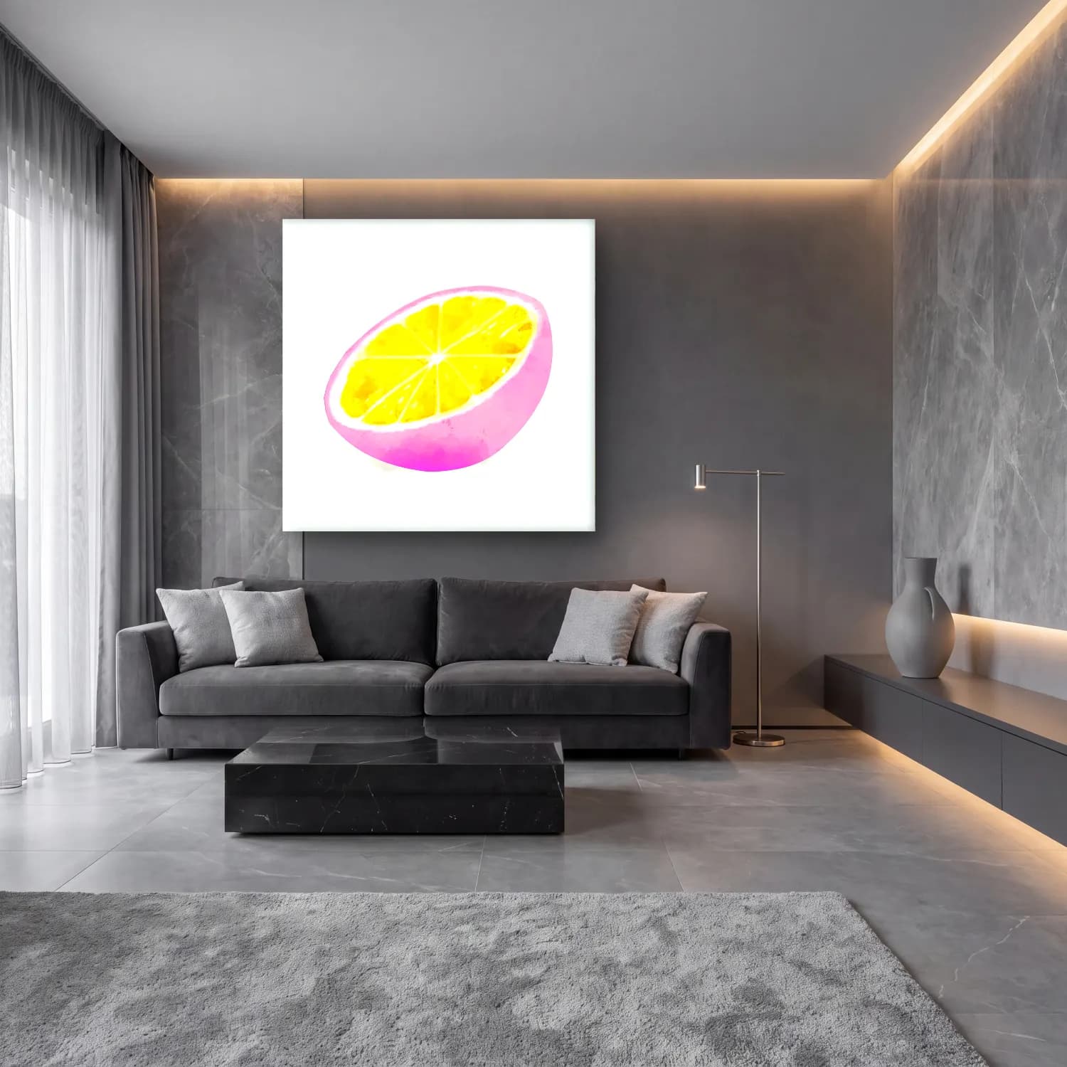 Suluboya Limonlar – Pembe Tonlar cam tablo — lüks salon duvarında