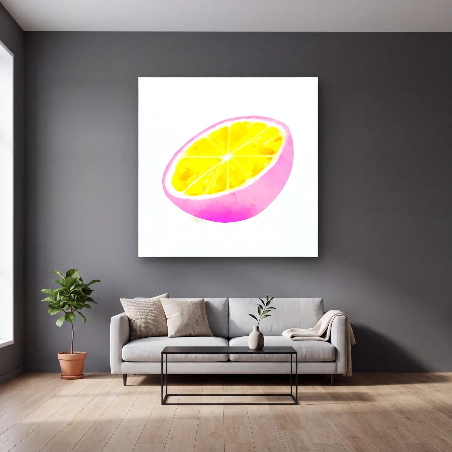 Suluboya Limonlar – Pembe Tonlar cam tablo — gri duvarlı salonda