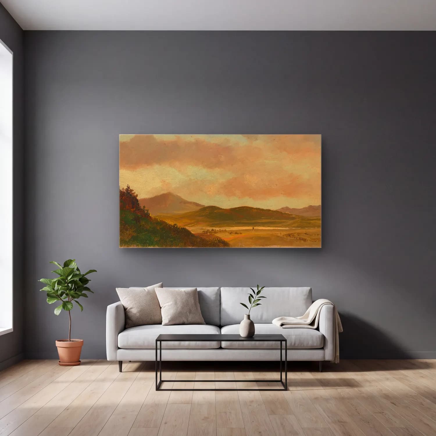 Frederic Edwin Church – Landscape cam tablo — gri duvarlı salonda