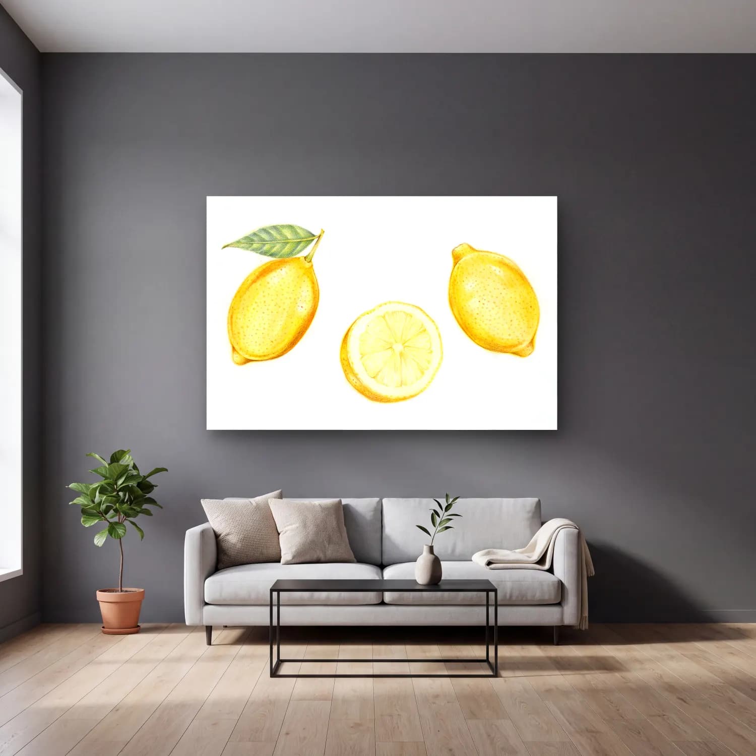 Botanik İllüstrasyon Limonlar No. 7 cam tablo — gri duvarlı salonda