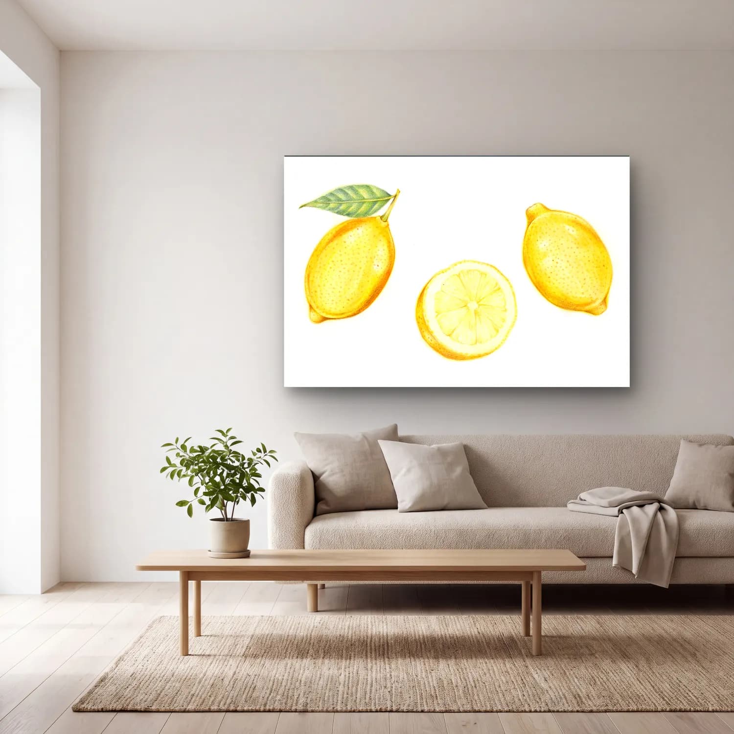 Botanik İllüstrasyon Limonlar No. 7 cam tablo — açık renk salonda