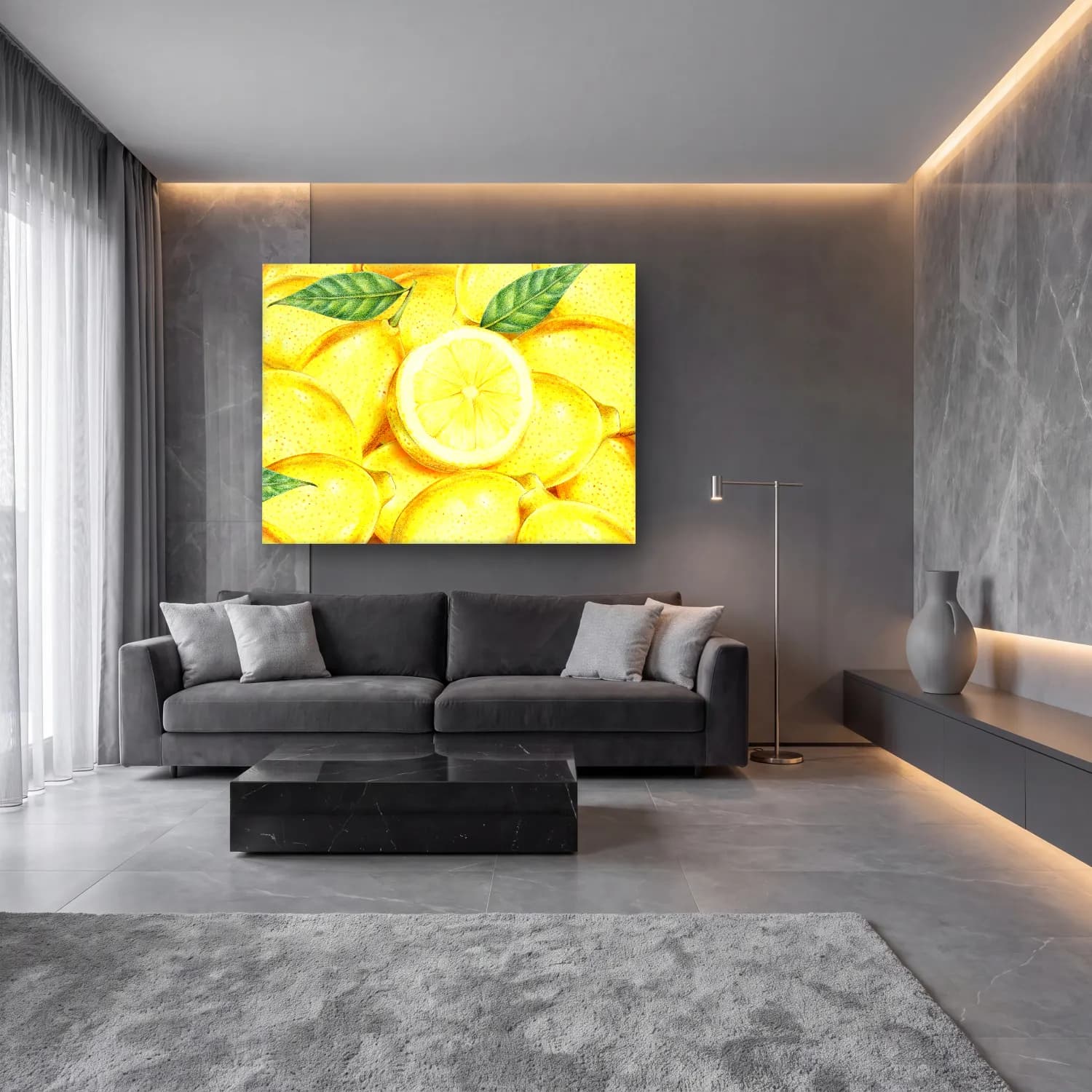 Botanik İllüstrasyon Limonlar No. 8 cam tablo — lüks salon duvarında