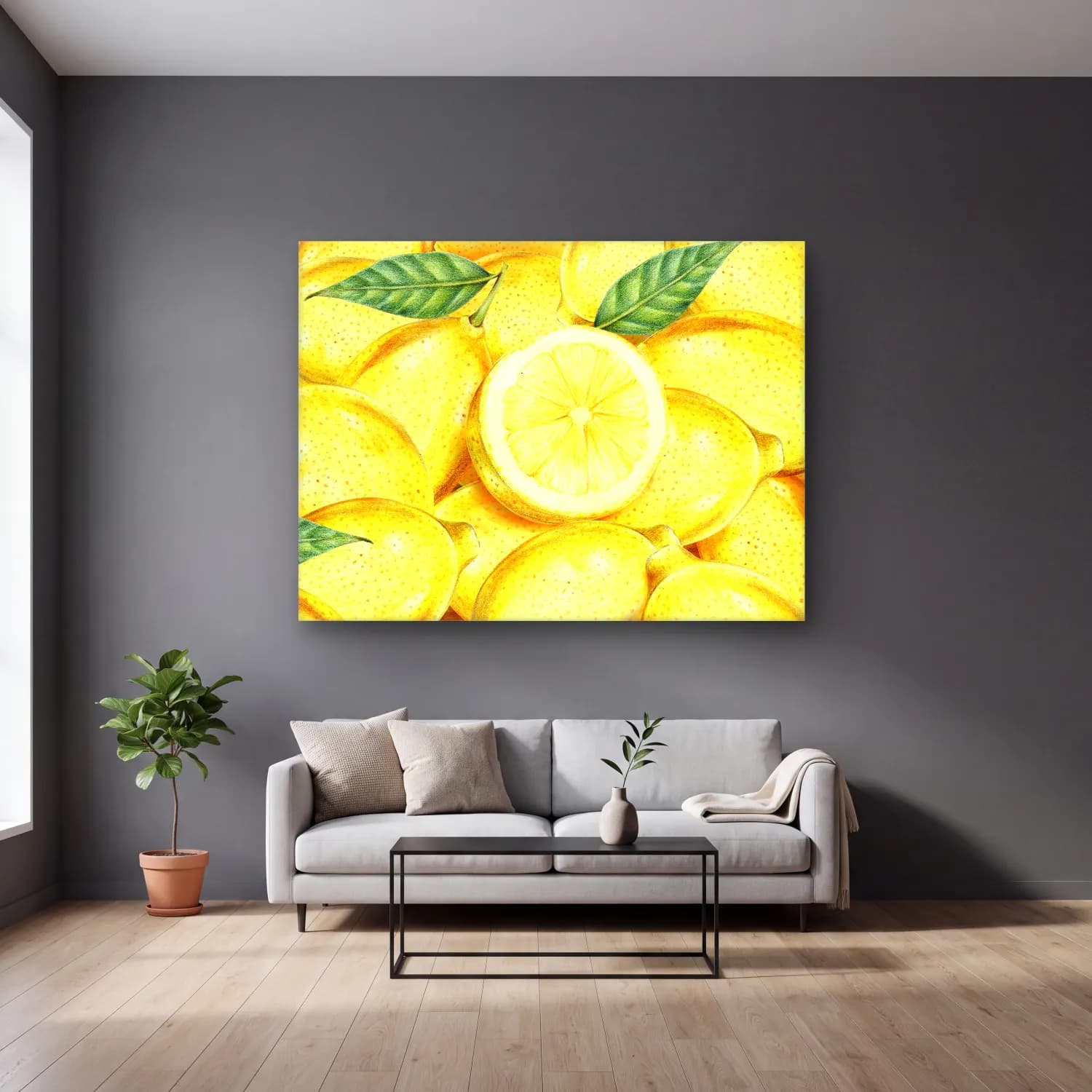 Botanik İllüstrasyon Limonlar No. 8 cam tablo — gri duvarlı salonda