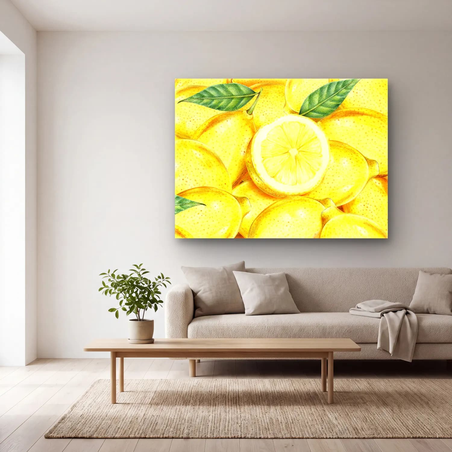 Botanik İllüstrasyon Limonlar No. 8 cam tablo — açık renk salonda