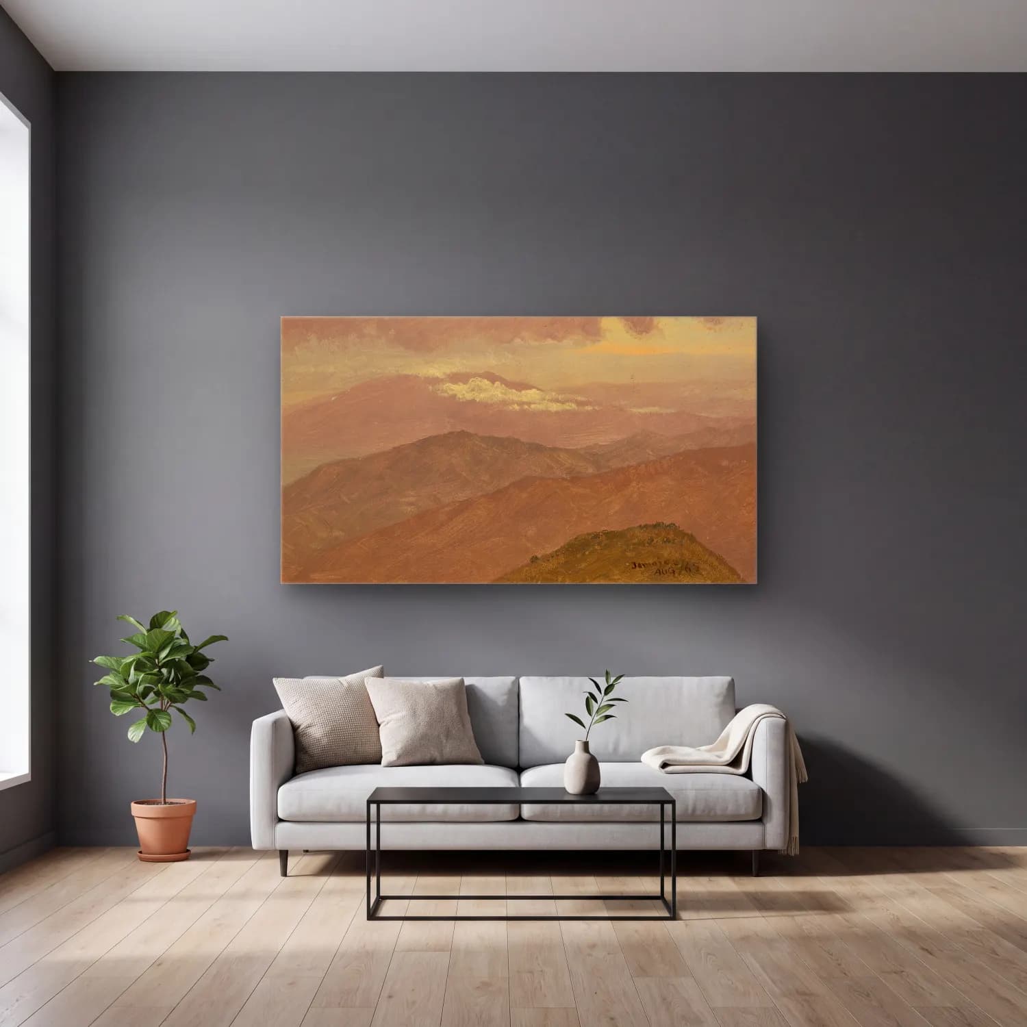 Frederic Edwin Church – Landscape III cam tablo — gri duvarlı salonda