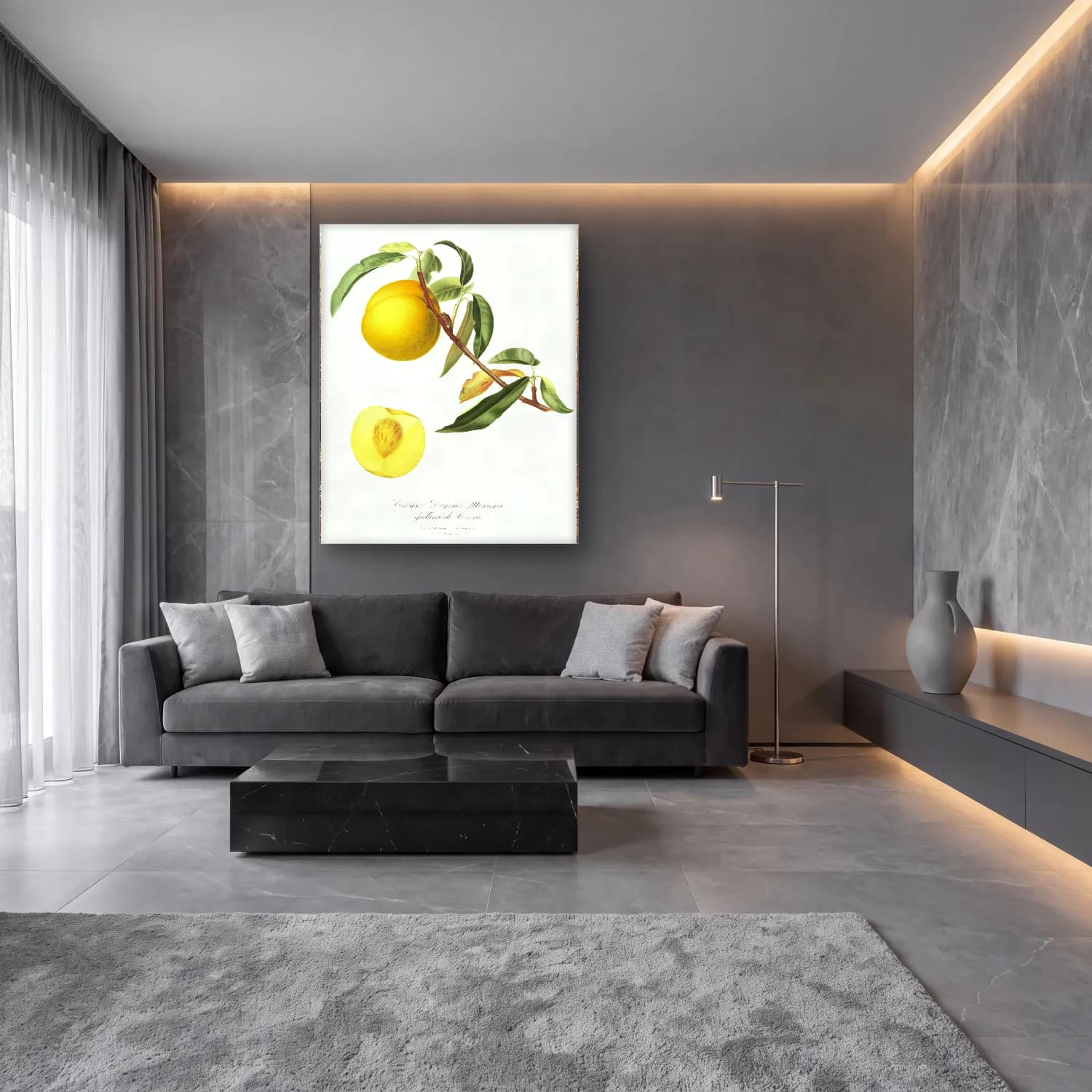 Botanik İllüstrasyon Limon Dalı No. 12 cam tablo — lüks salon duvarında