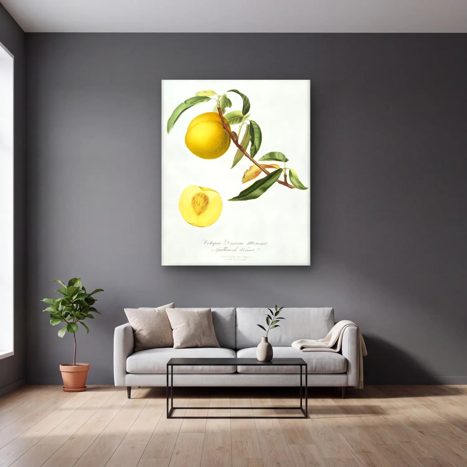 Botanik İllüstrasyon Limon Dalı No. 12 cam tablo — gri duvarlı salonda