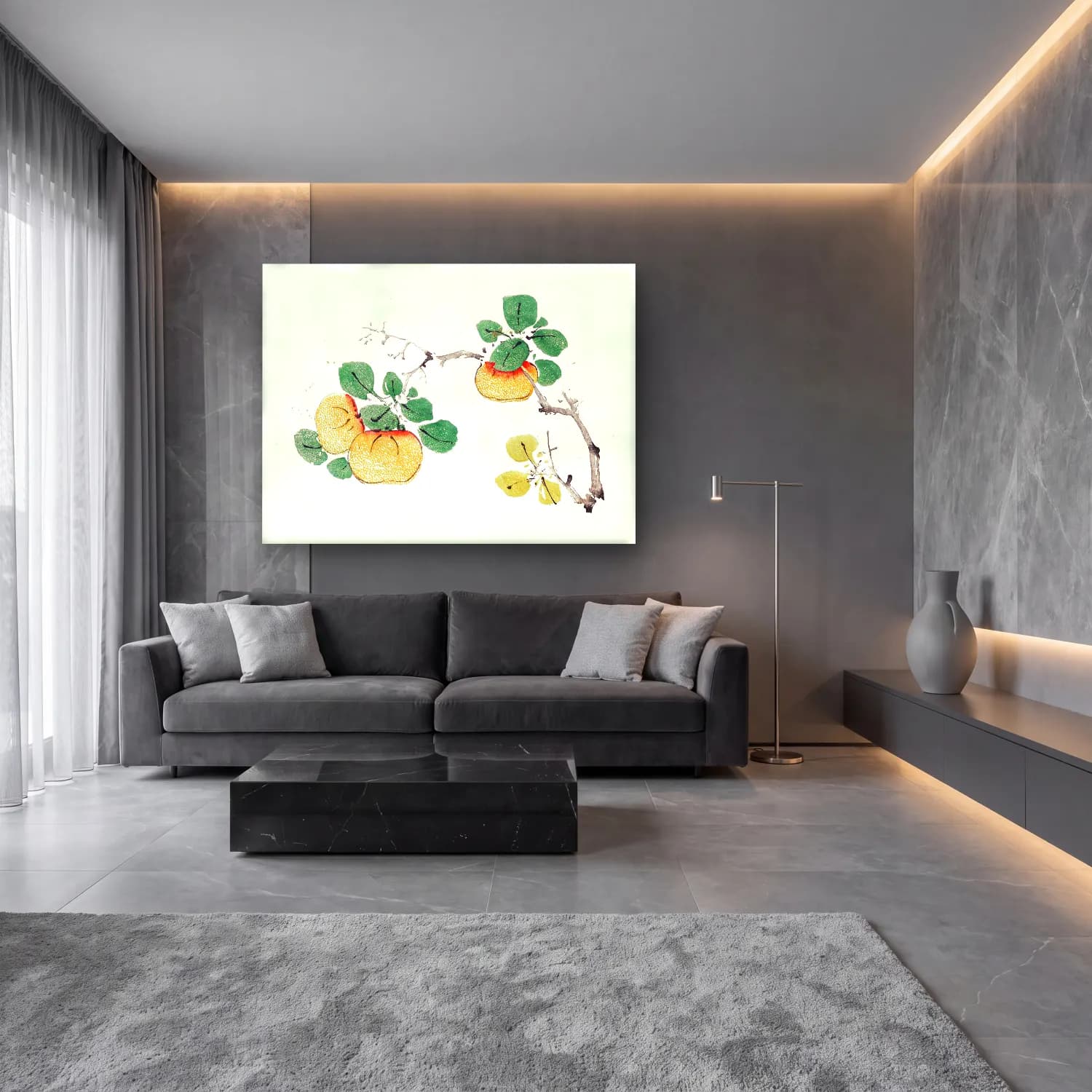 Botanik İllüstrasyon Limon Dalı No. 15 cam tablo — lüks salon duvarında