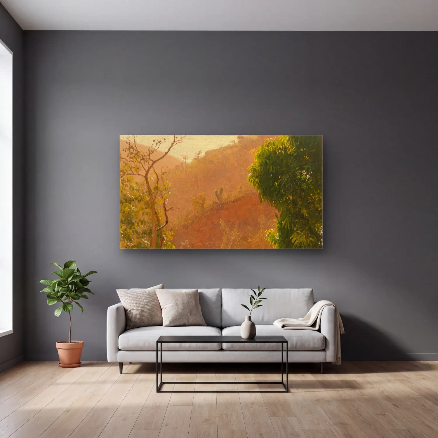 Frederic Edwin Church – Landscape IV cam tablo — gri duvarlı salonda