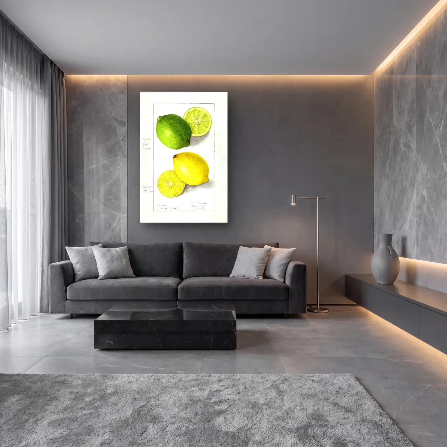 Botanik İllüstrasyon Limonlar No. 10 cam tablo — lüks salon duvarında