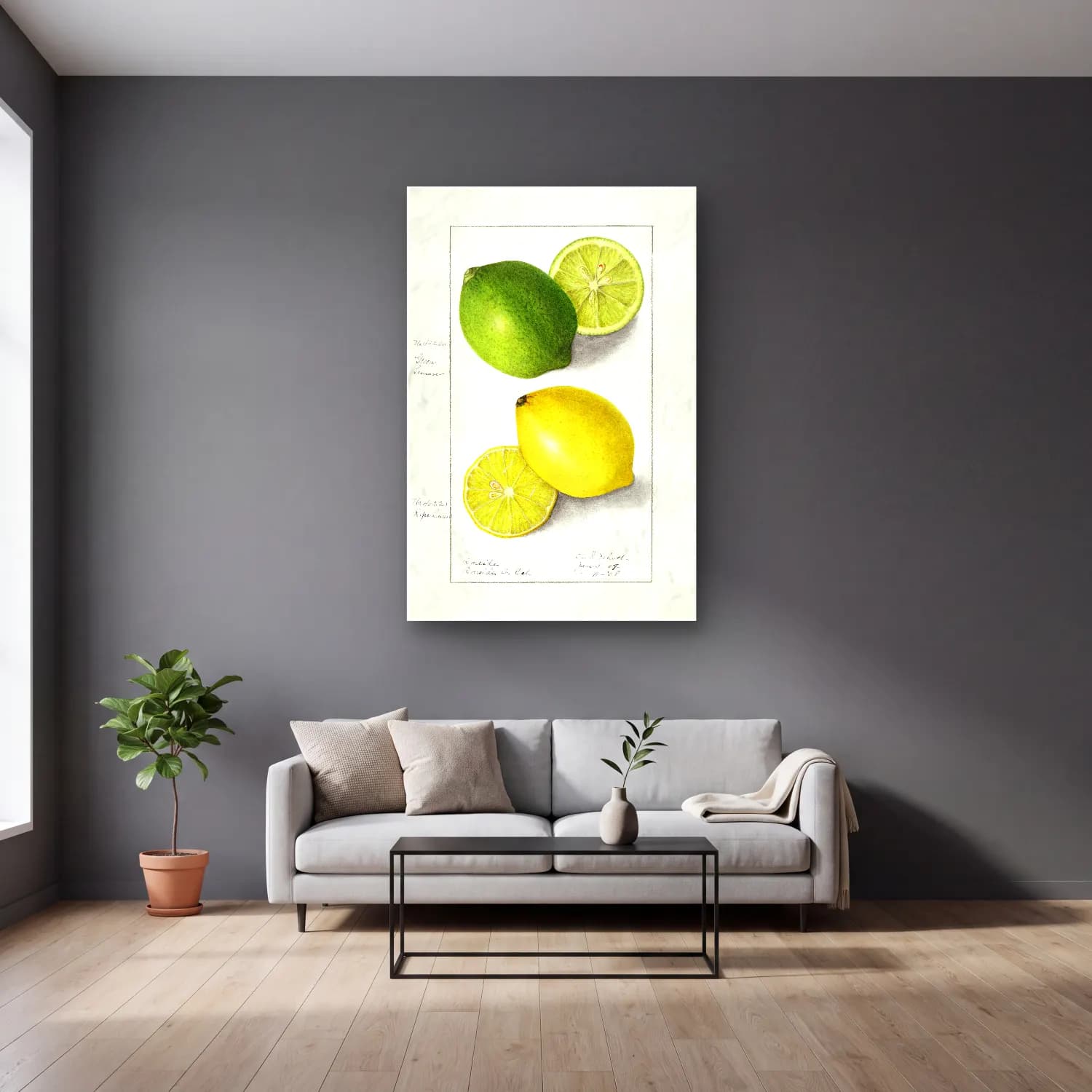 Botanik İllüstrasyon Limonlar No. 10 cam tablo — gri duvarlı salonda