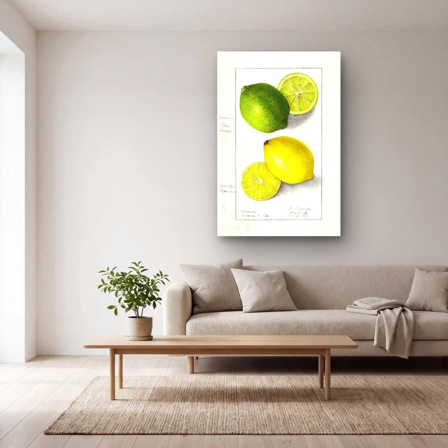 Botanik İllüstrasyon Limonlar No. 10 cam tablo — açık renk salonda