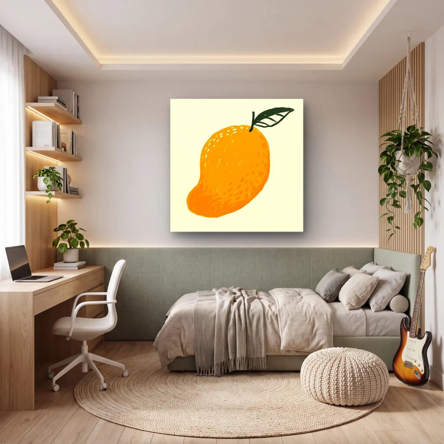 Çizgi Sanatı Limon Dalı – Turuncu Tonlar cam tablo — genç odasında