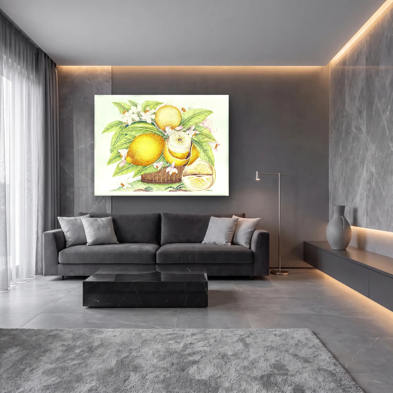 Botanik İllüstrasyon Limonlar No. 12 cam tablo — lüks salon duvarında