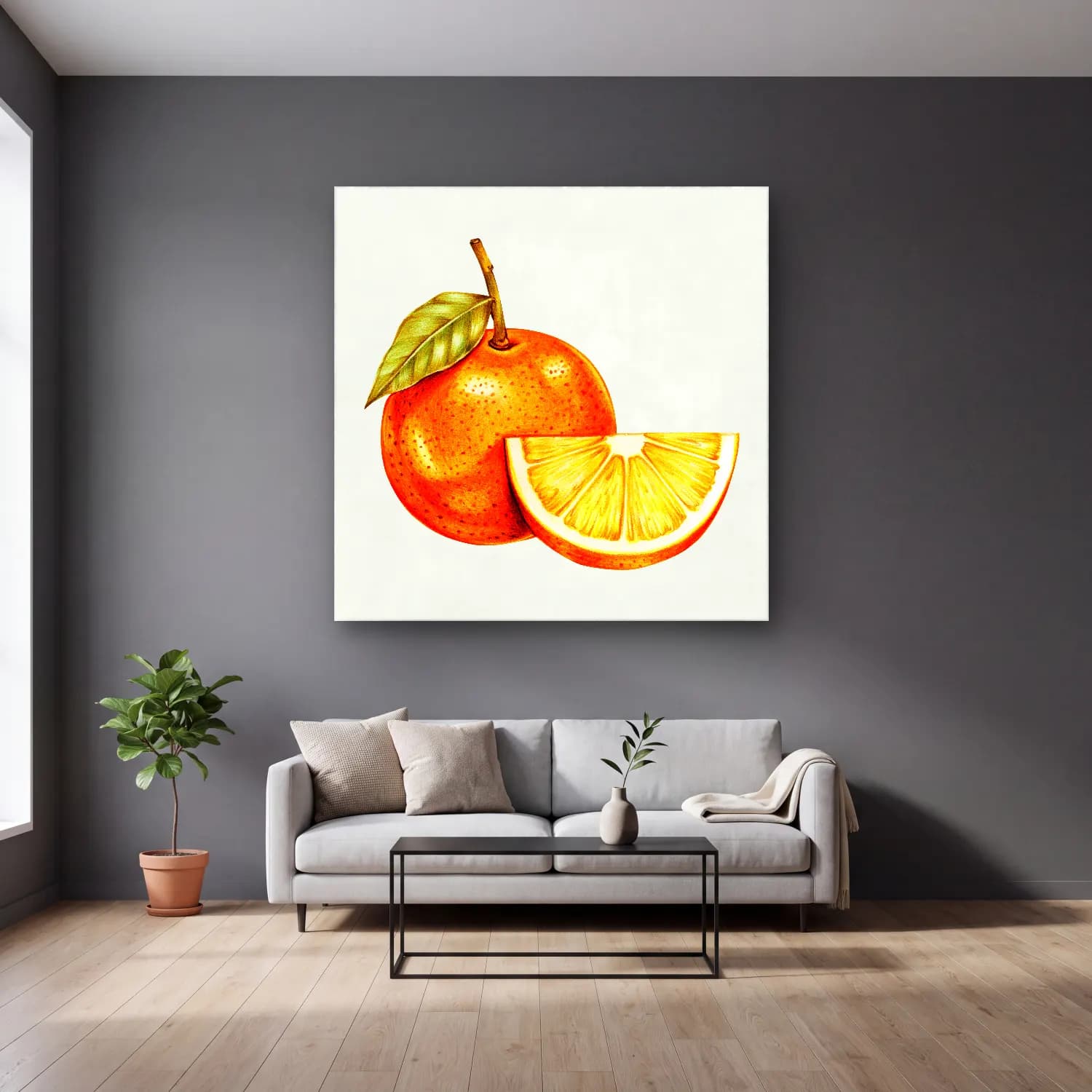 Vintage Portakallar No. 10 cam tablo — gri duvarlı salonda