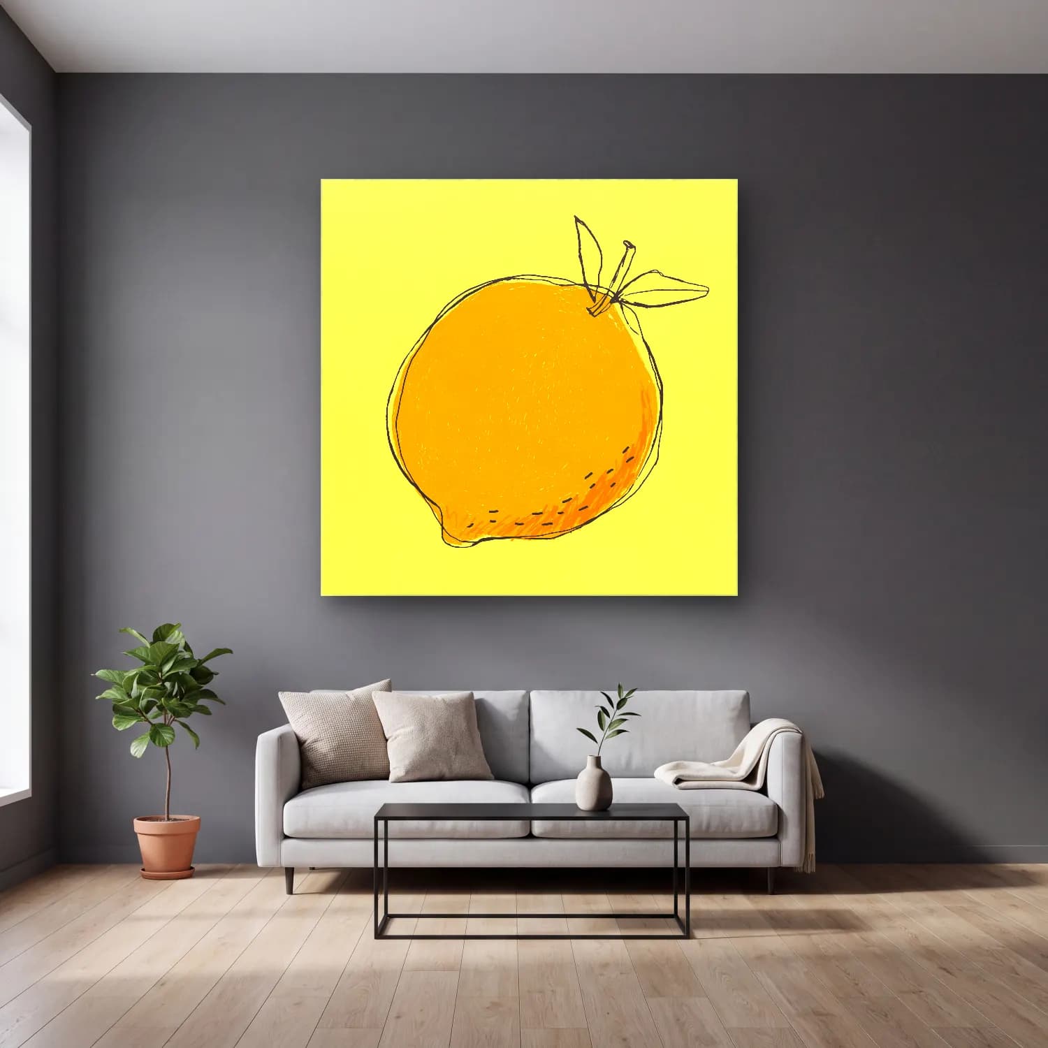 Çizgi Sanatı Limon Dalı No. 5 cam tablo — gri duvarlı salonda