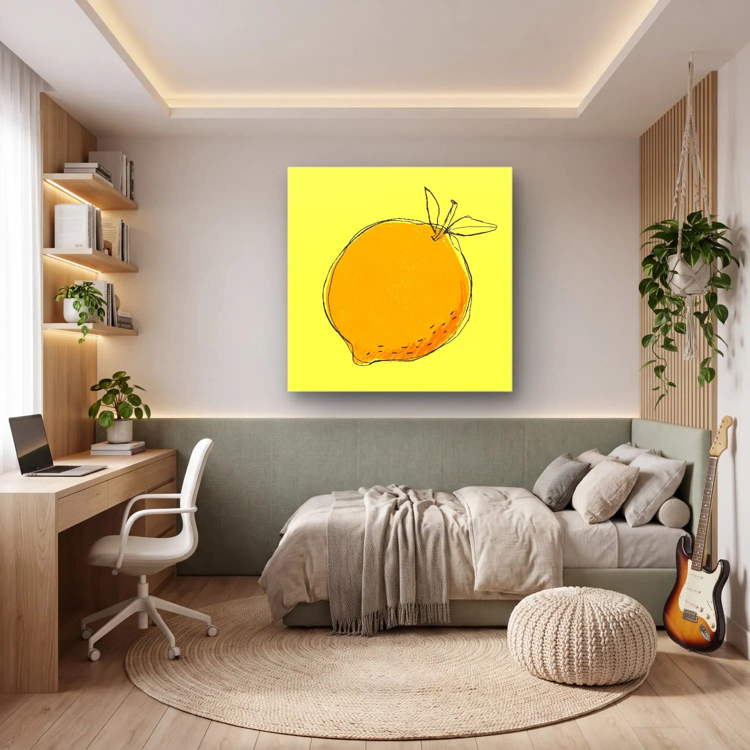 Çizgi Sanatı Limon Dalı No. 5 cam tablo — genç odasında