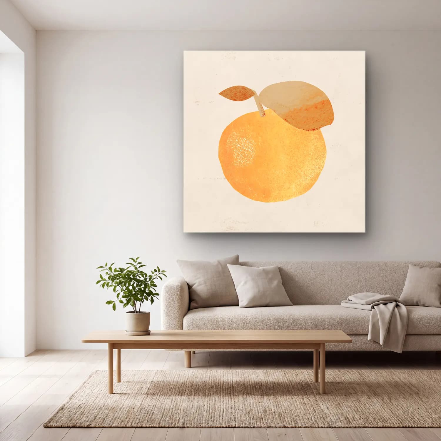 Pastel Portakallar No. 7 cam tablo — açık renk salonda