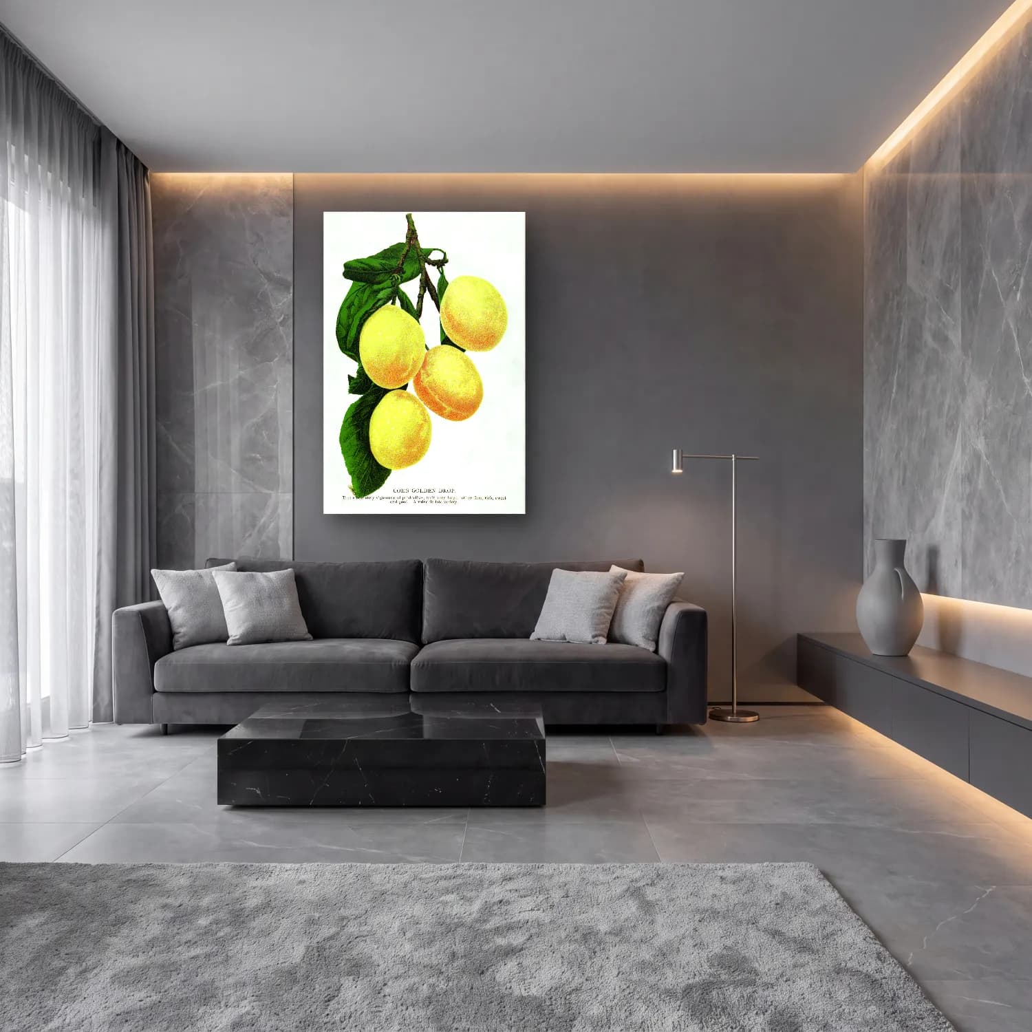 Botanik İllüstrasyon Limon Dalı No. 21 cam tablo — lüks salon duvarında
