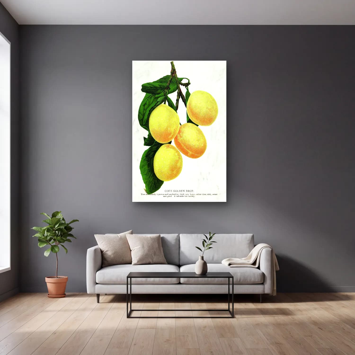 Botanik İllüstrasyon Limon Dalı No. 21 cam tablo — gri duvarlı salonda