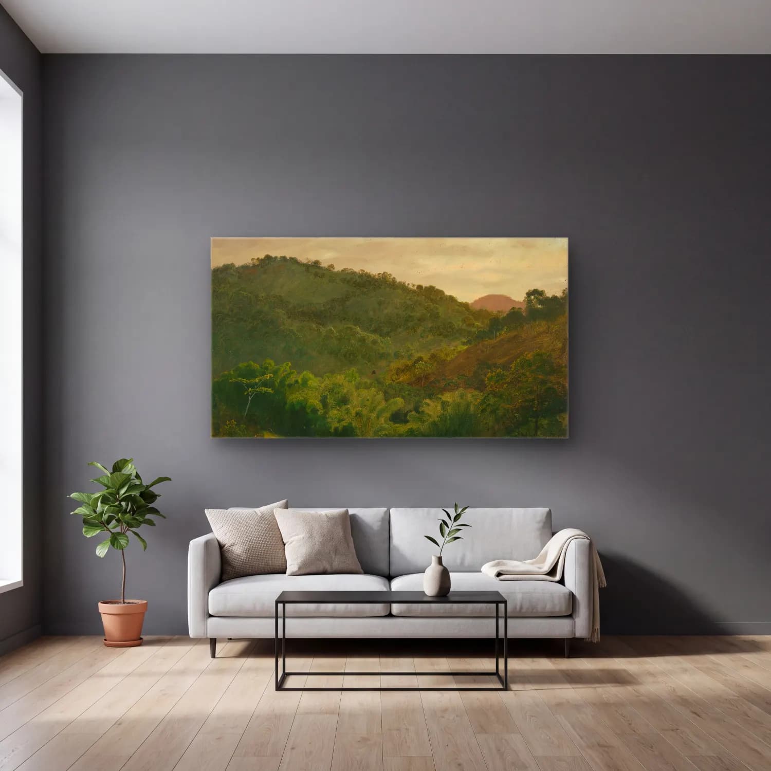 Frederic Edwin Church – Landscape from Jamaica, West Indies cam tablo — gri duvarlı salonda