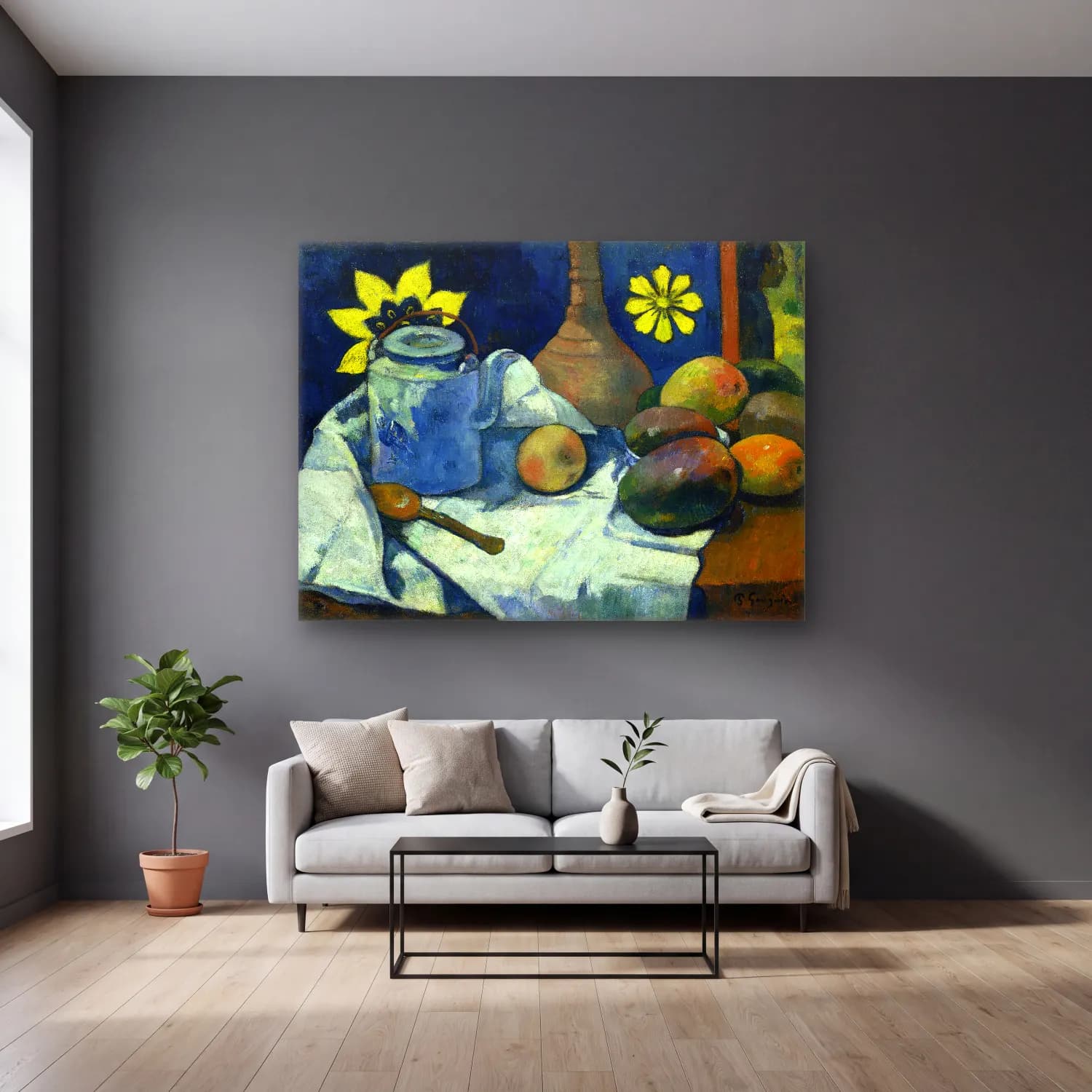 Paul Gauguin – Still Life with Teapot and Fruit cam tablo — gri duvarlı salonda
