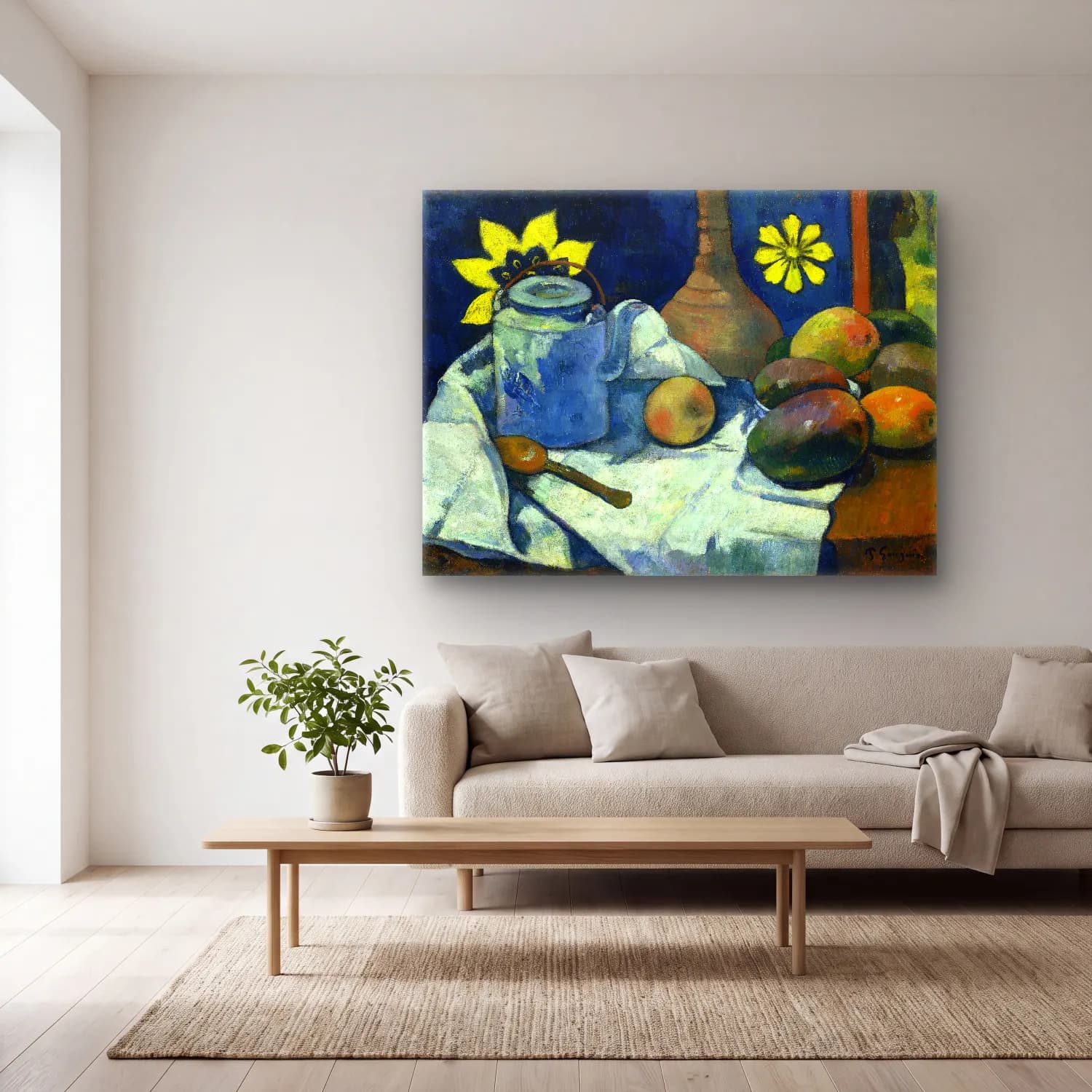 Paul Gauguin – Still Life with Teapot and Fruit cam tablo — açık renk salonda