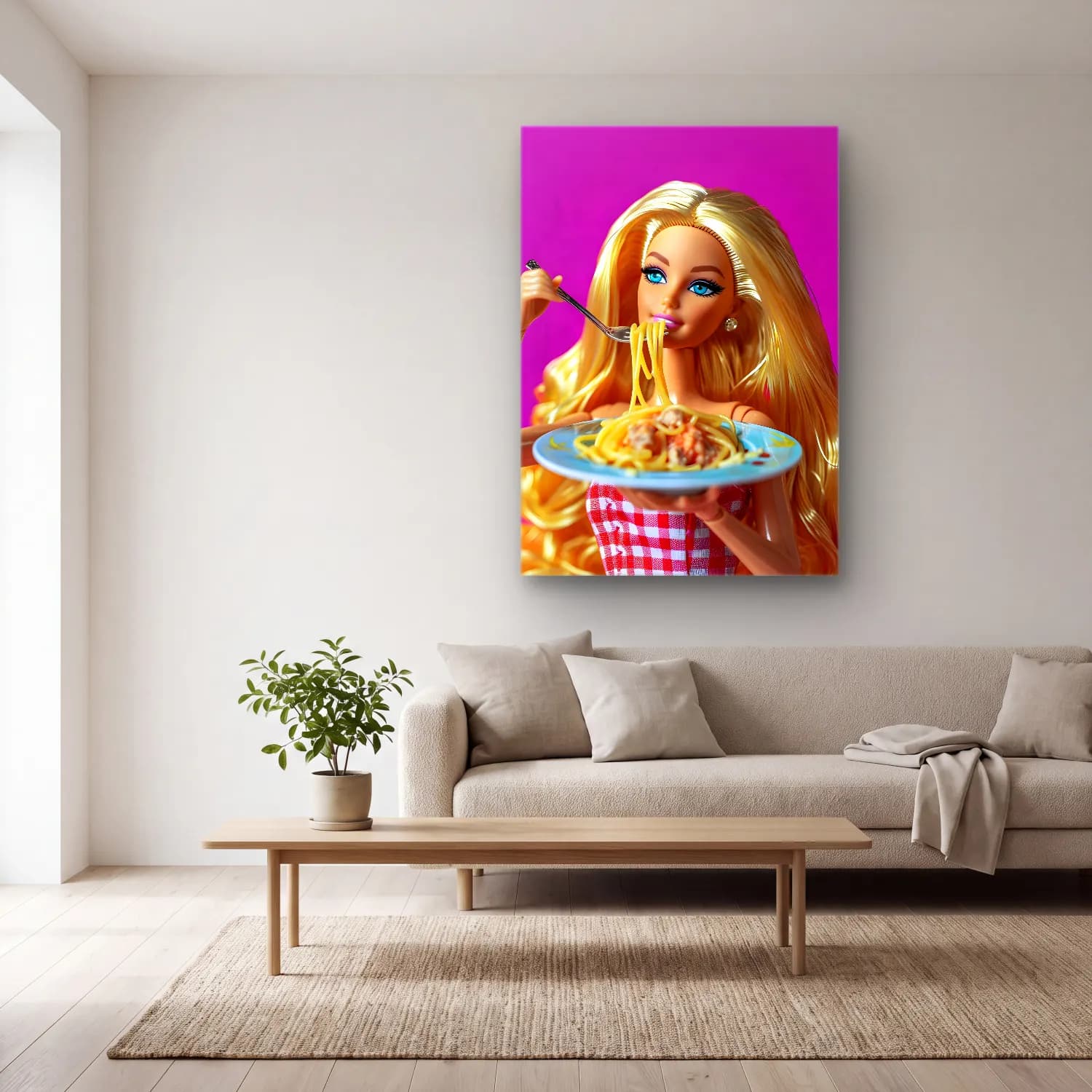 Pastel Makarna No. 3 cam tablo — açık renk salonda