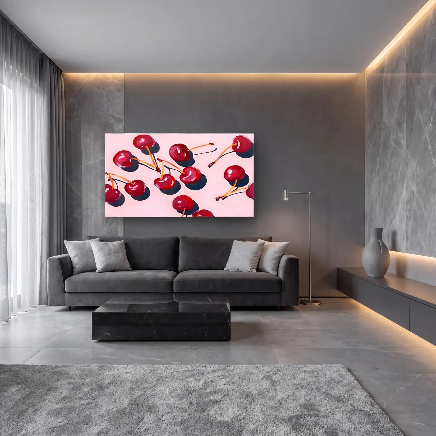 Yağlı Boya Kirazlar – Pembe Tonlar cam tablo — lüks salon duvarında