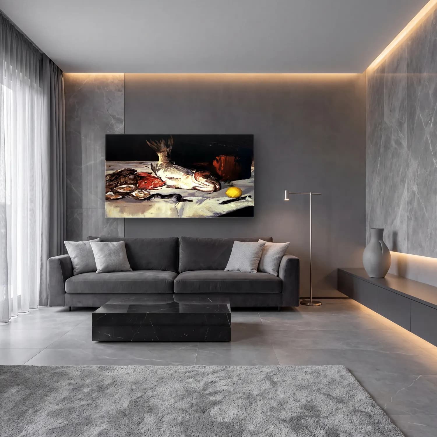 Yağlı Boya Balık – Siyah Beyaz Tonlar cam tablo — lüks salon duvarında