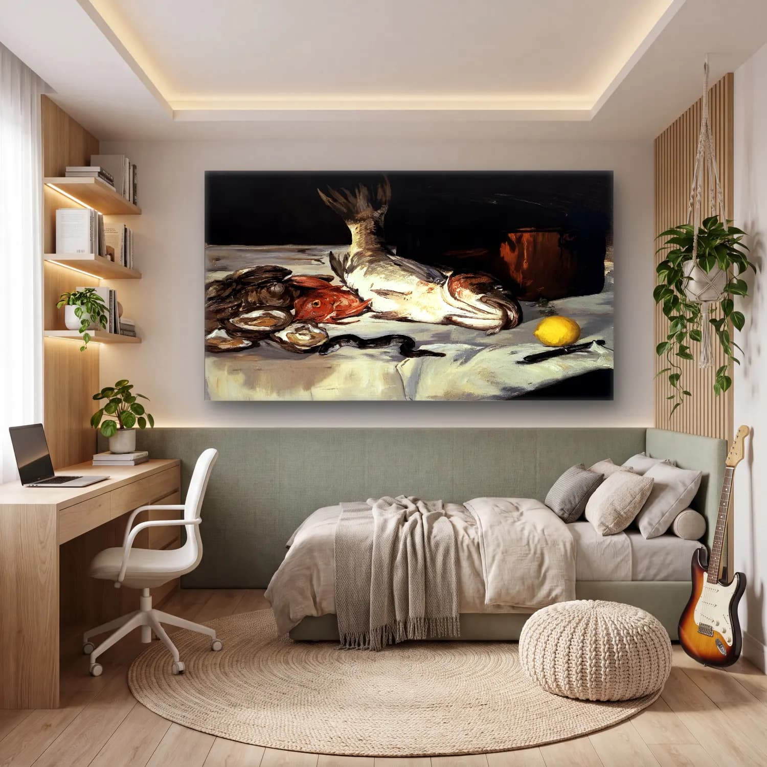 Yağlı Boya Balık – Siyah Beyaz Tonlar cam tablo — genç odasında