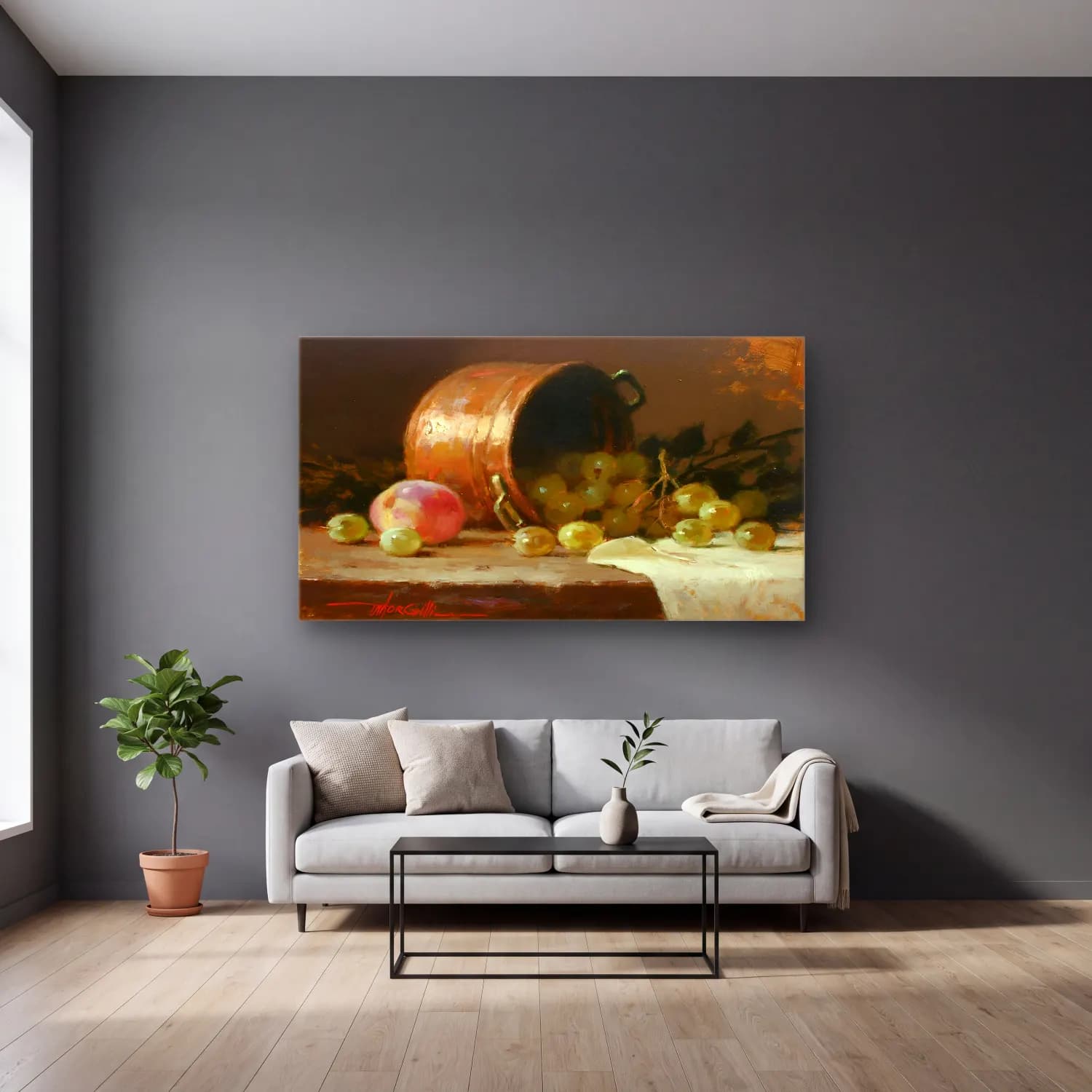 Yağlı Boya Üzümler – Pastel Tonlar cam tablo — gri duvarlı salonda