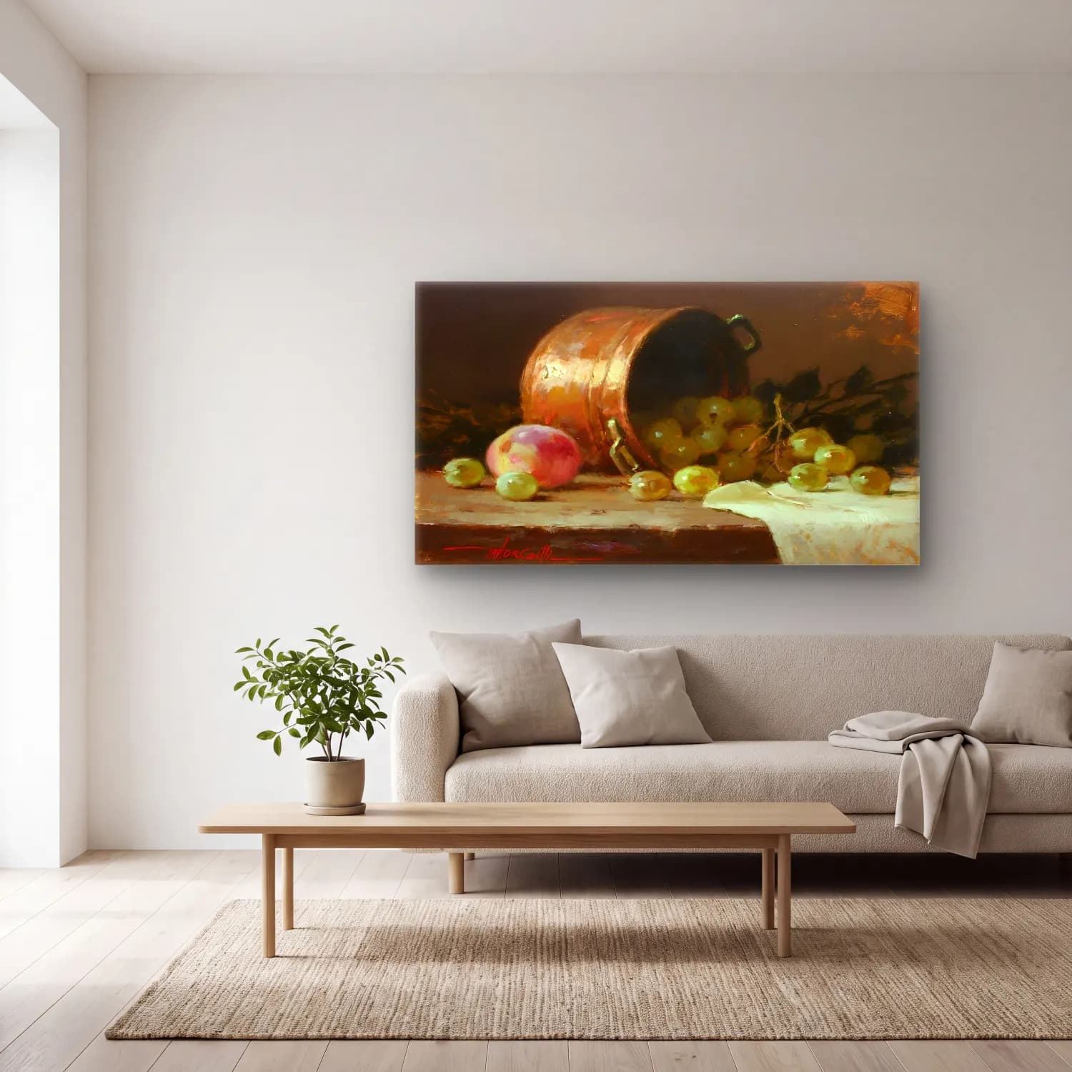 Yağlı Boya Üzümler – Pastel Tonlar cam tablo — açık renk salonda