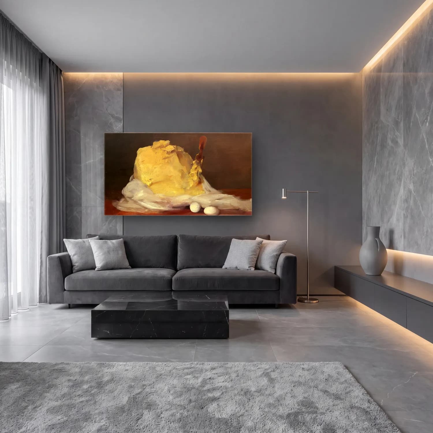 Yağlı Boya Peynir Tabağı – Sarı Tonlar cam tablo — lüks salon duvarında
