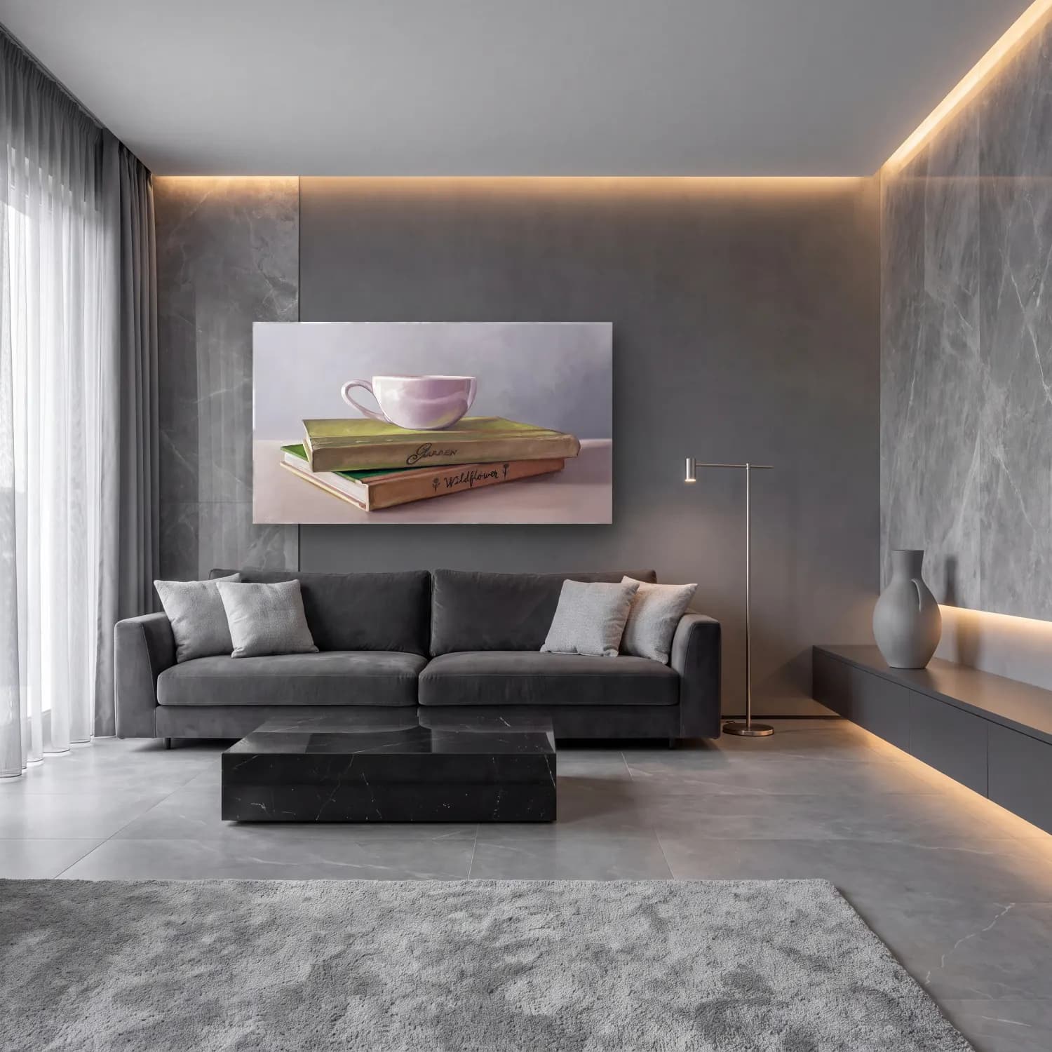 Yağlı Boya Çay Fincanı No. 6 cam tablo — lüks salon duvarında