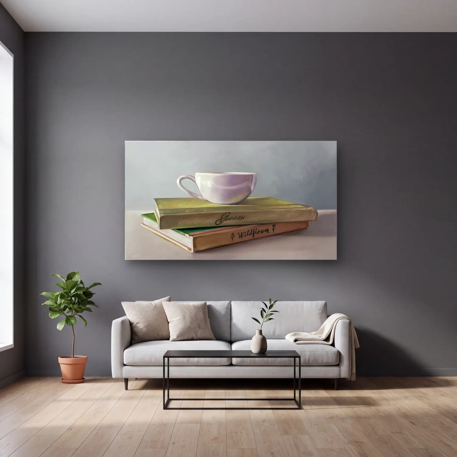 Yağlı Boya Çay Fincanı No. 6 cam tablo — gri duvarlı salonda