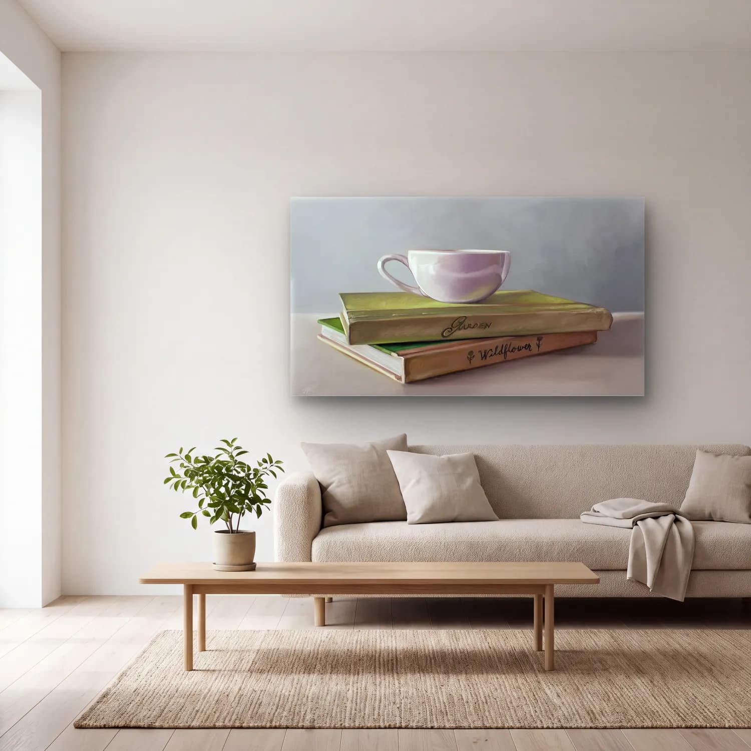 Yağlı Boya Çay Fincanı No. 6 cam tablo — açık renk salonda