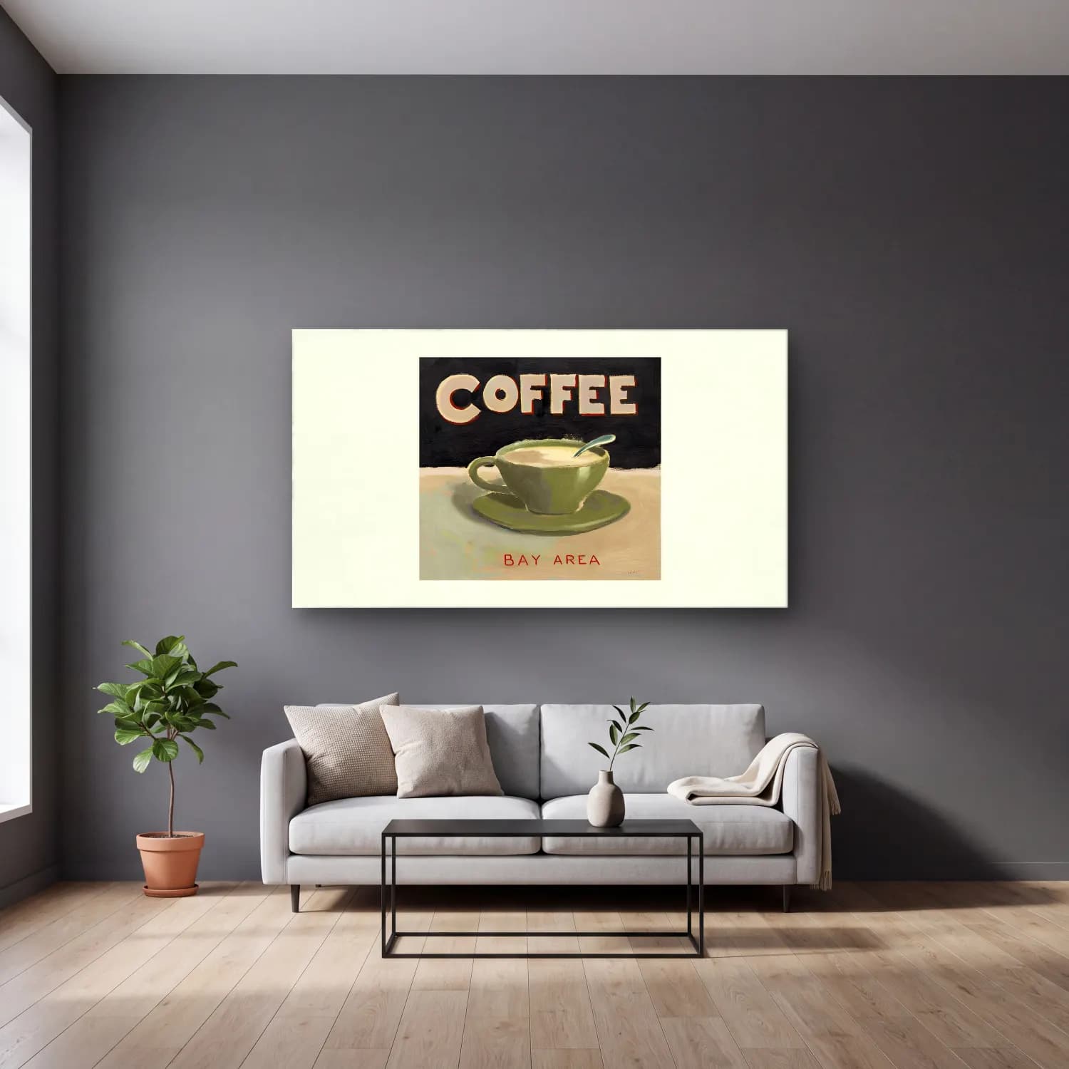 Vintage Poster Kahve Fincanı – Yeşil Tonlar cam tablo — gri duvarlı salonda