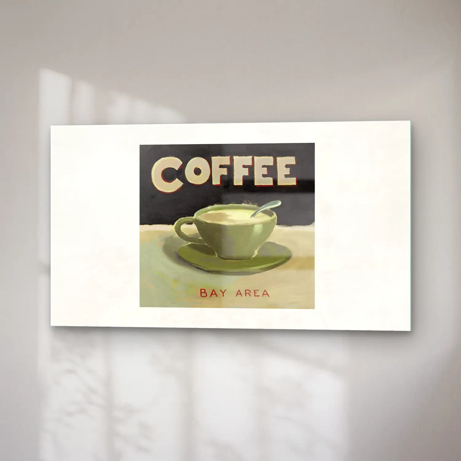Vintage Poster Kahve Fincanı – Yeşil Tonlar cam tablo — sağ açıdan görünüm
