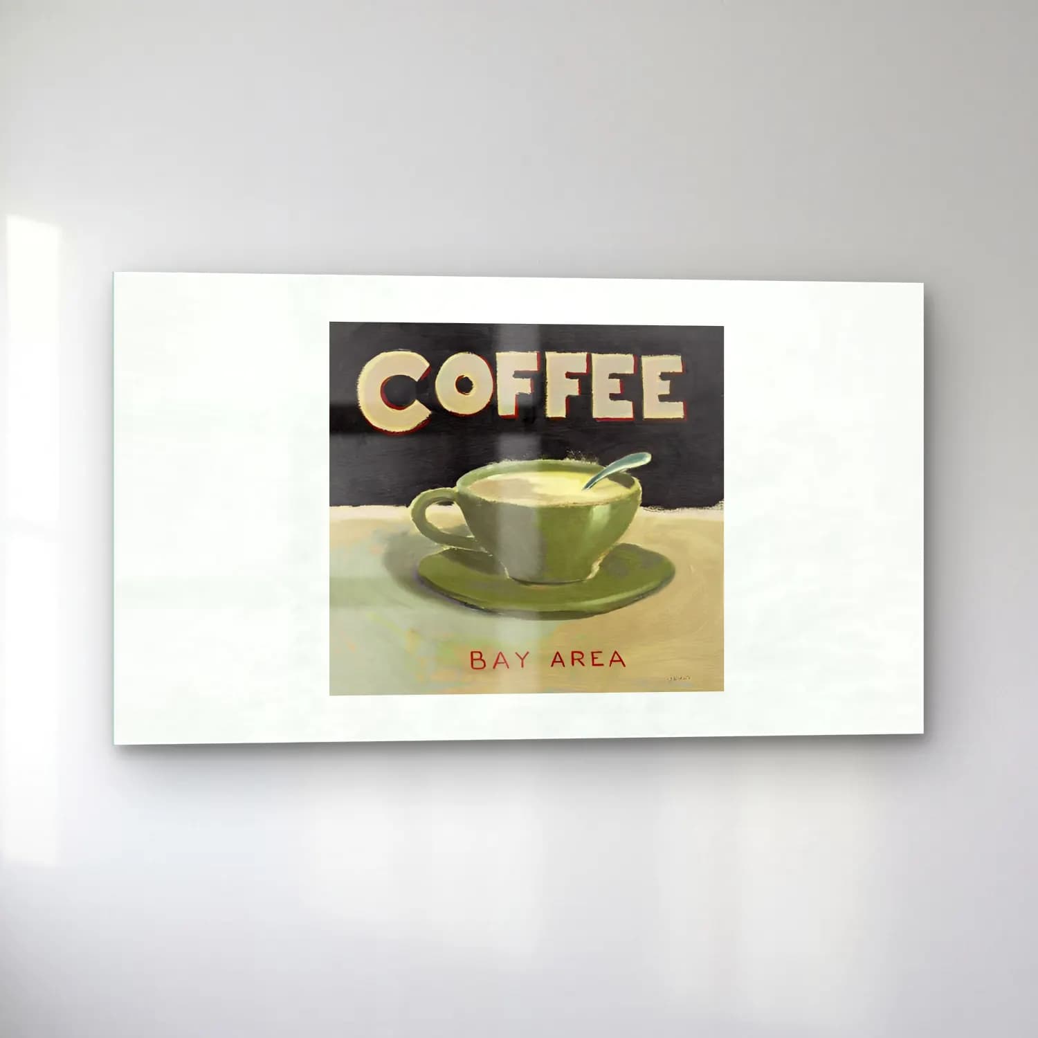 Vintage Poster Kahve Fincanı – Yeşil Tonlar cam tablo — sol açıdan görünüm