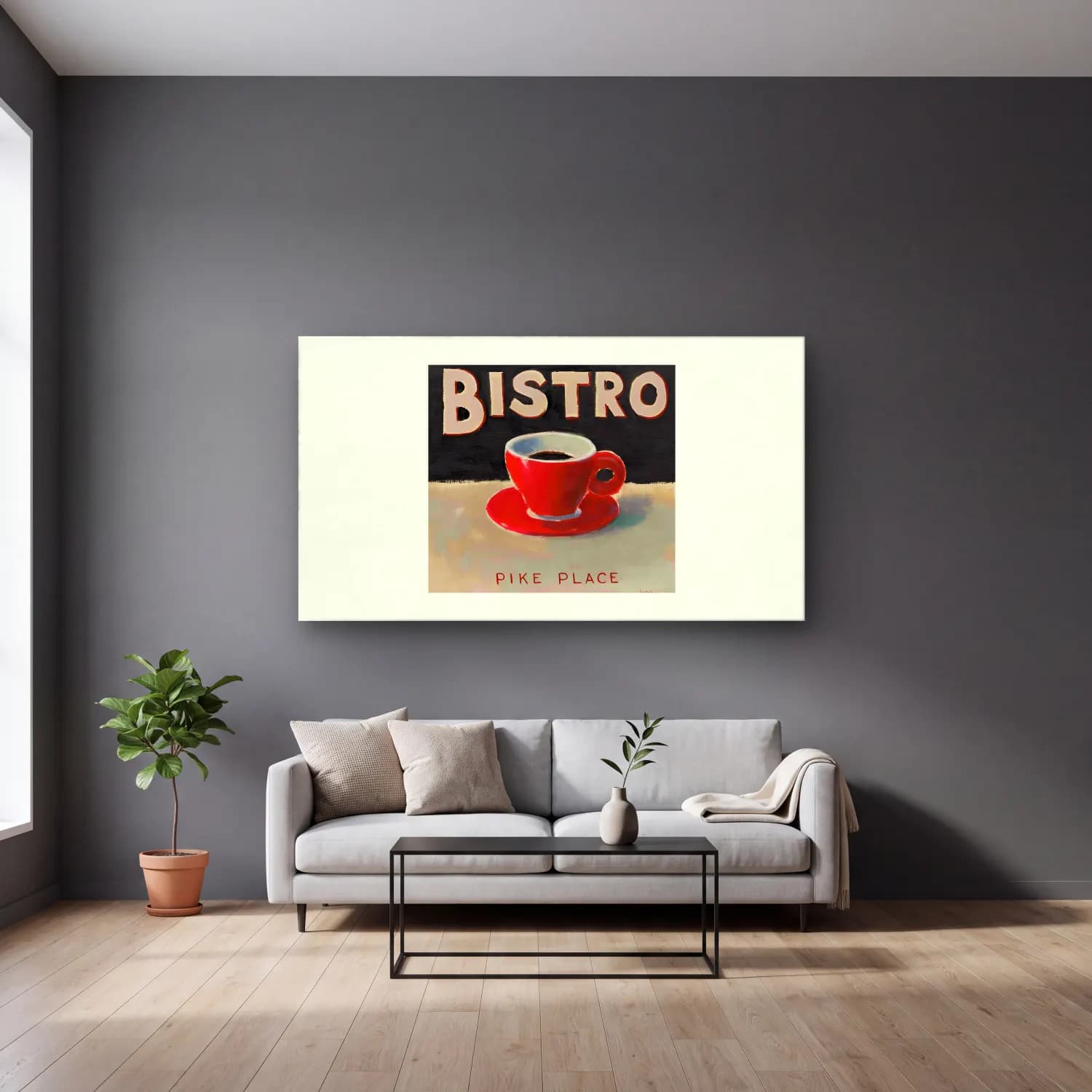 Vintage Poster Kahve Fincanı – Kırmızı Tonlar cam tablo — gri duvarlı salonda