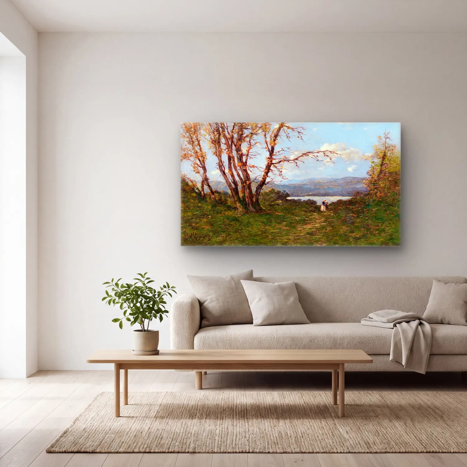 Henri-Joseph Harpignies – A Landscape cam tablo — açık renk salonda