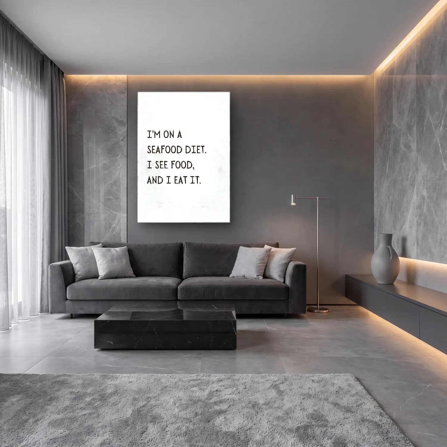 Siyah Beyaz Yengeç cam tablo — lüks salon duvarında