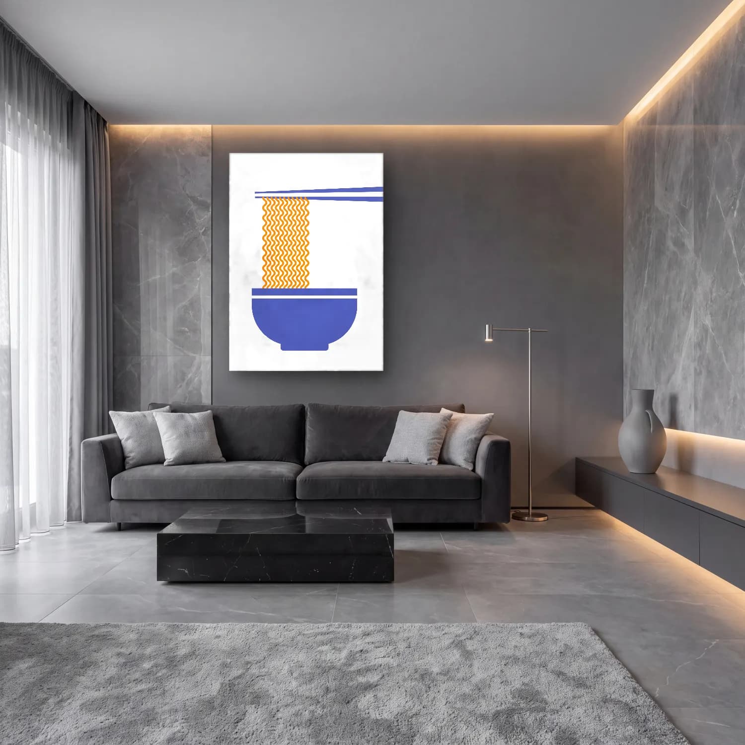Modern Soyut Dalgalı Çizgiler No. 7 cam tablo — lüks salon duvarında