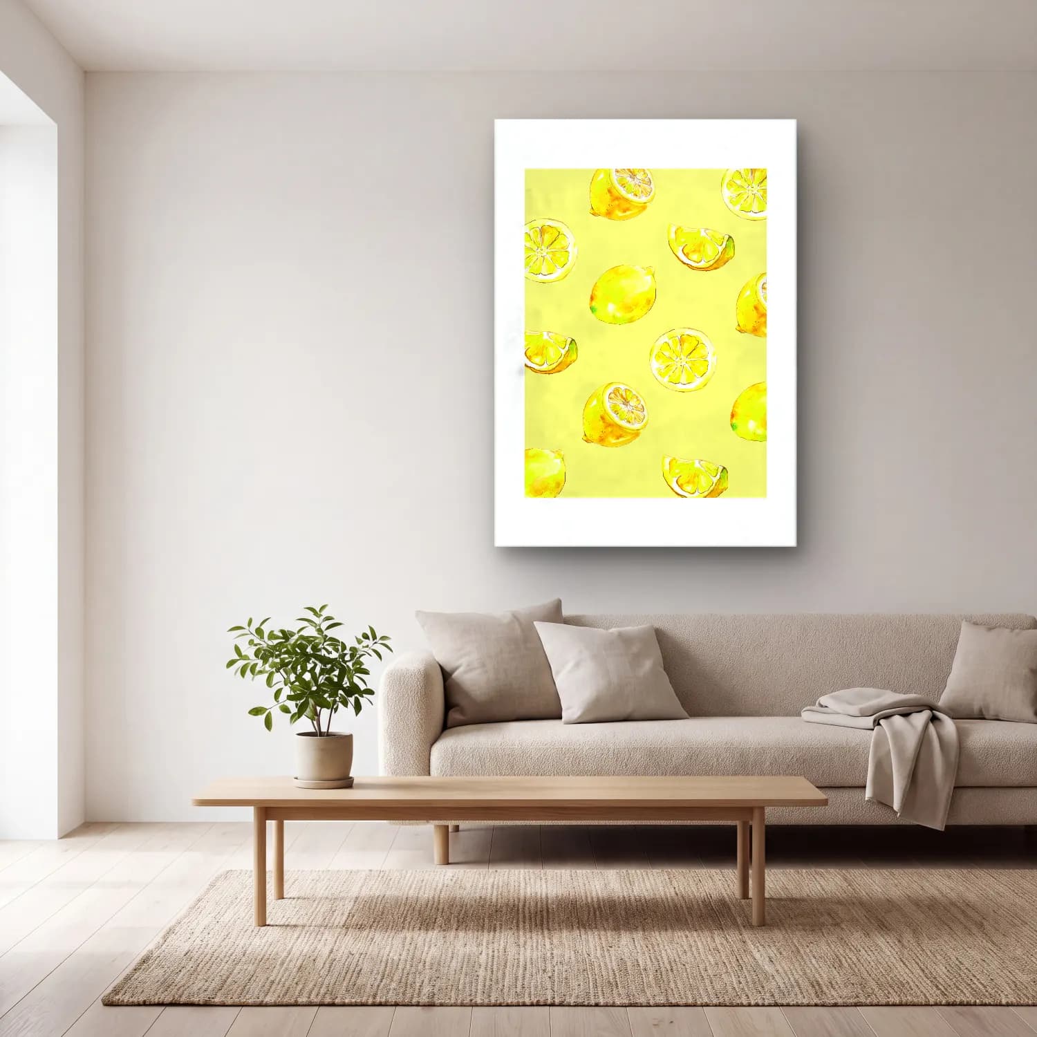 Pastel Limonlar No. 4 cam tablo — açık renk salonda
